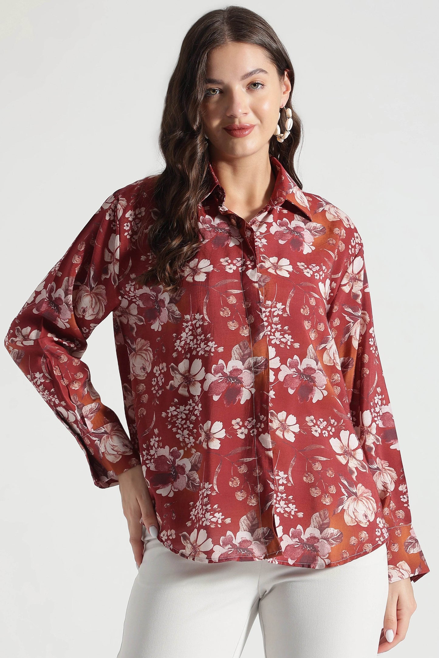 Maroon Floral Printed Viscose Shirt - Fabravaa