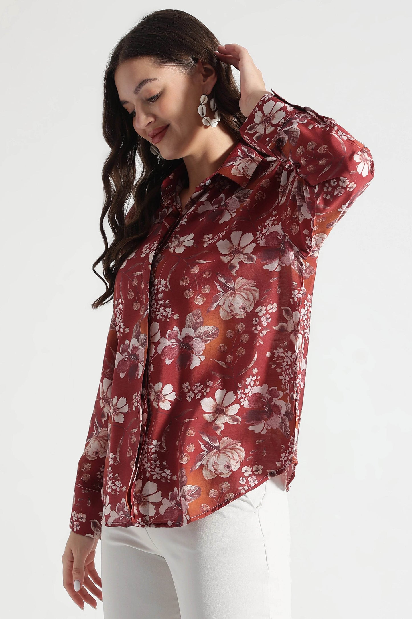 Maroon Floral Printed Viscose Shirt - Fabravaa