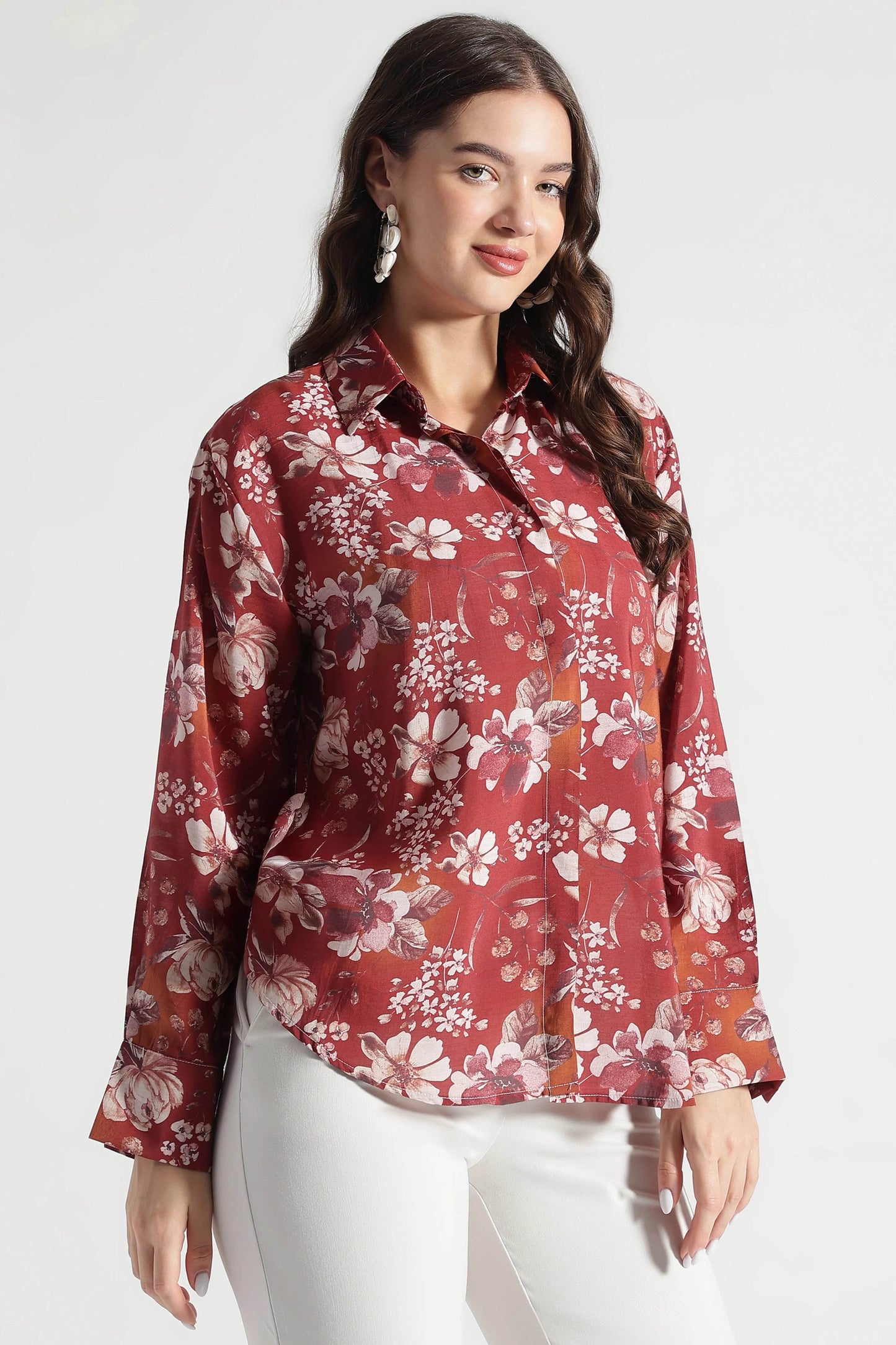 Maroon Floral Printed Viscose Shirt - Fabravaa