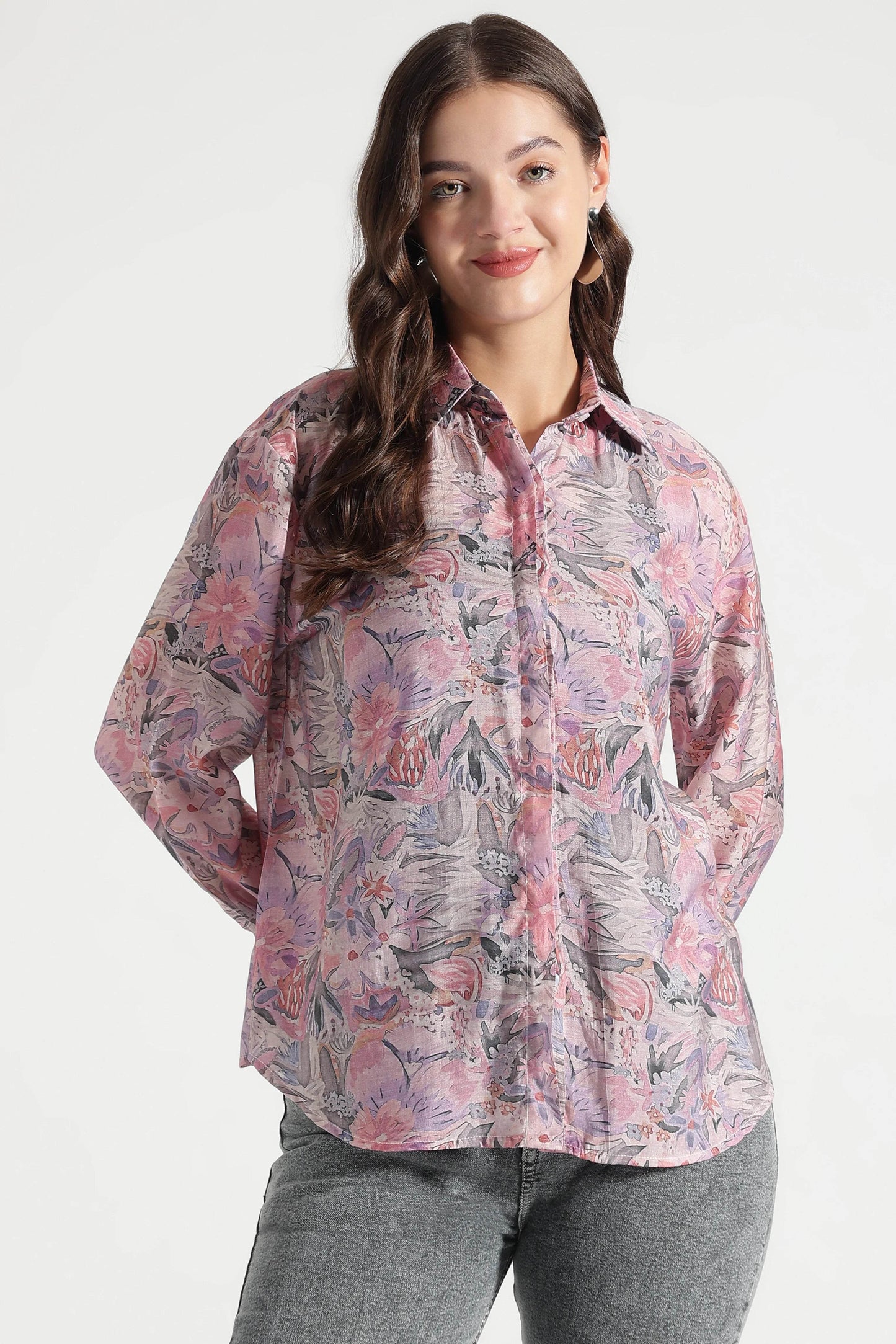 Pink Multicolor Floral Printed Viscose Shirt - Fabravaa