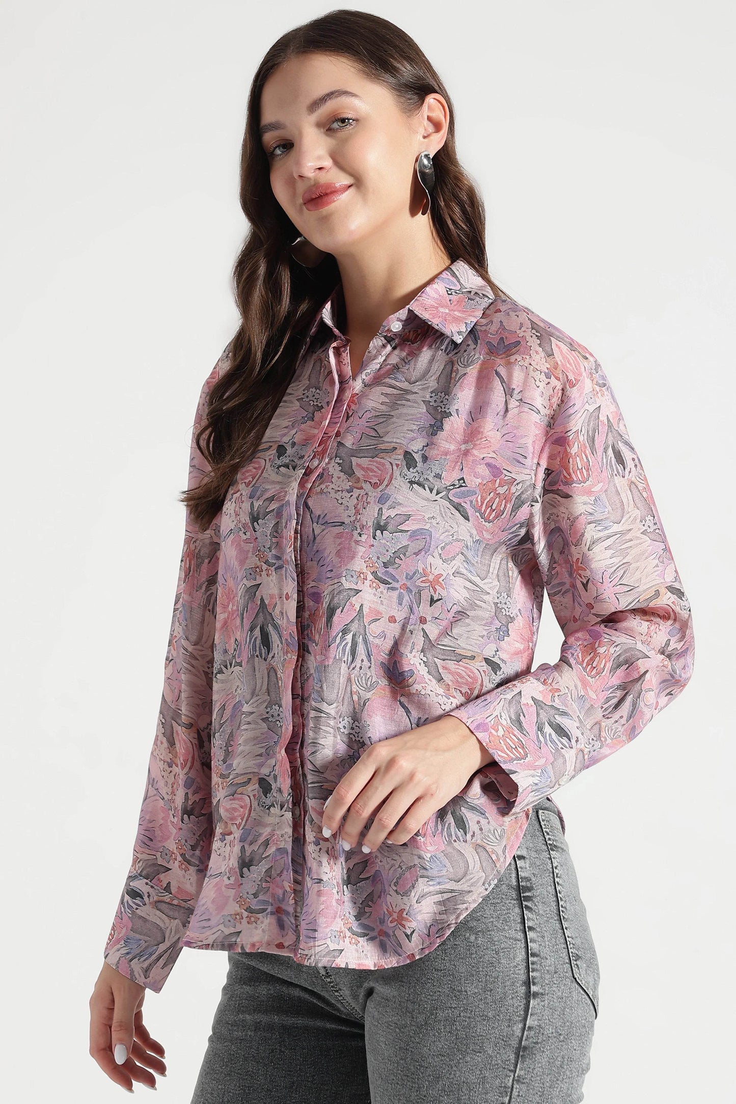 Pink Multicolor Floral Printed Viscose Shirt - Fabravaa