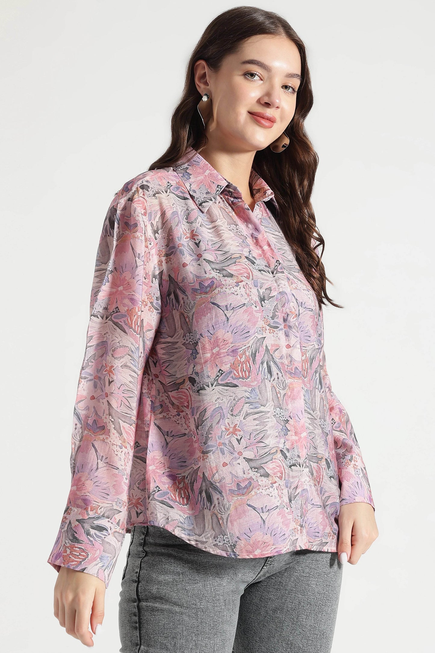 Pink Multicolor Floral Printed Viscose Shirt - Fabravaa