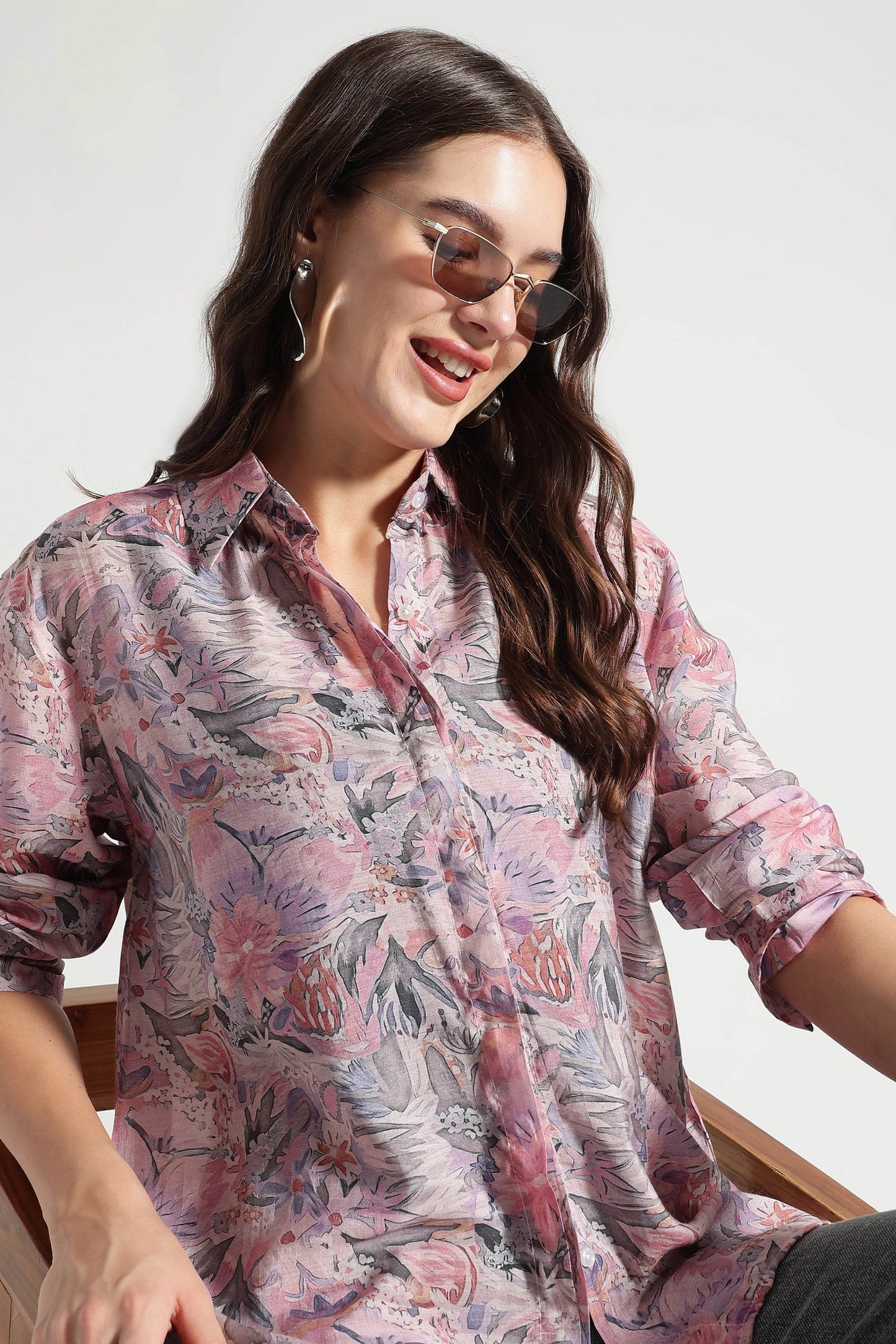 Pink Multicolor Floral Printed Viscose Shirt - Fabravaa