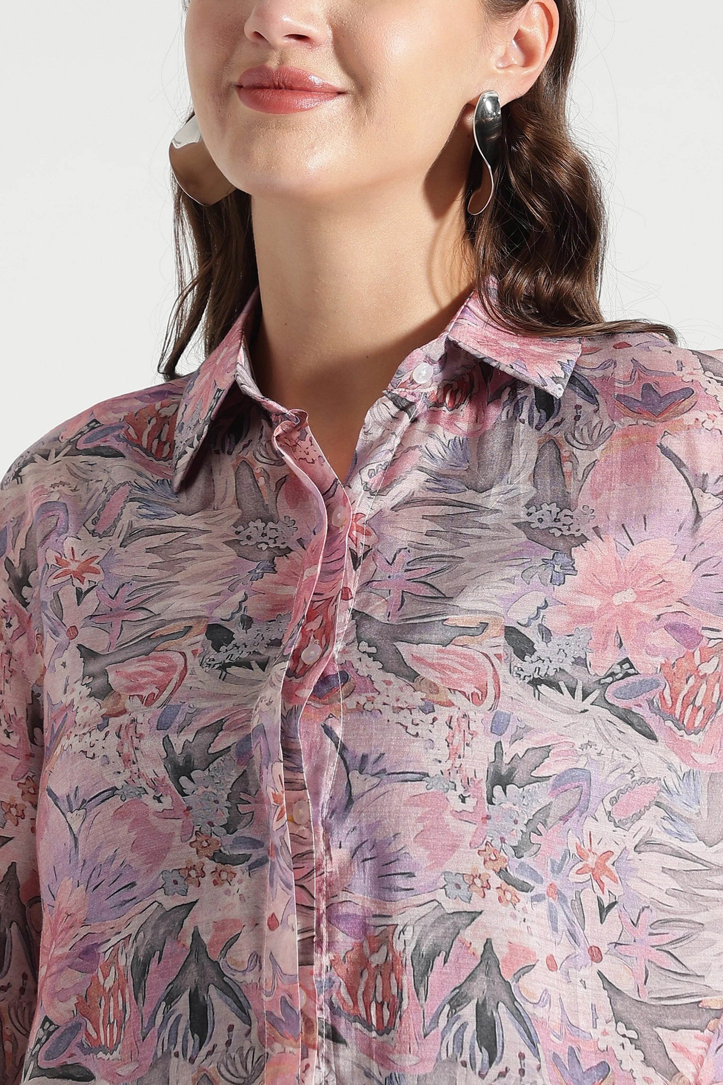Pink Multicolor Floral Printed Viscose Shirt - Fabravaa