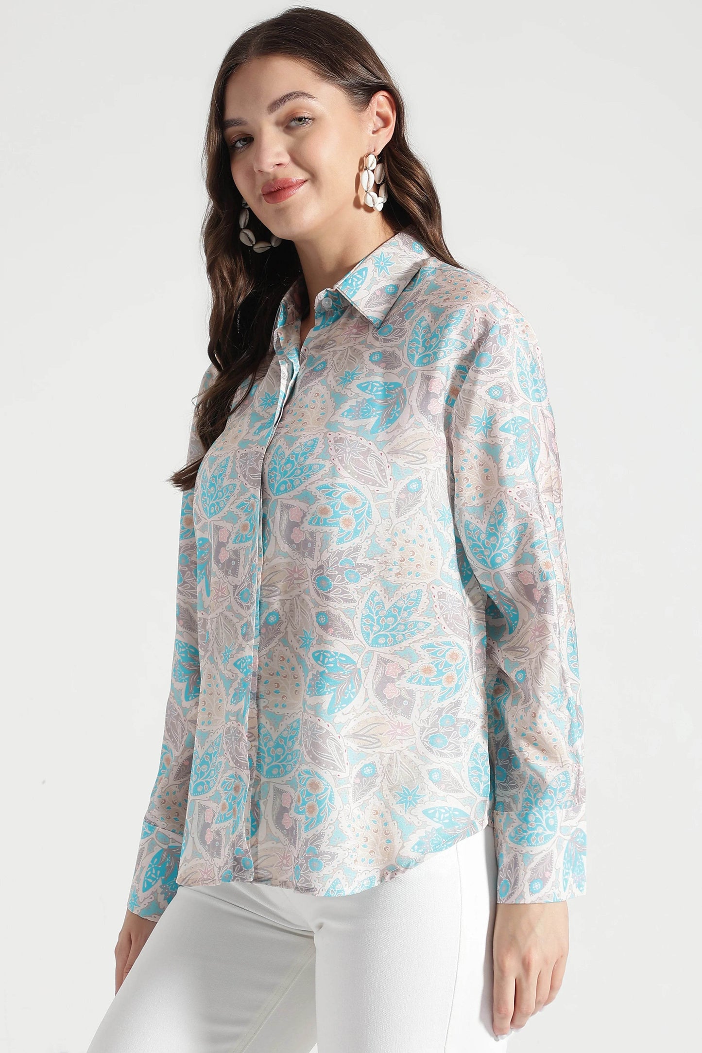 Blue and Beige Floral Printed Viscose Shirt - Fabravaa