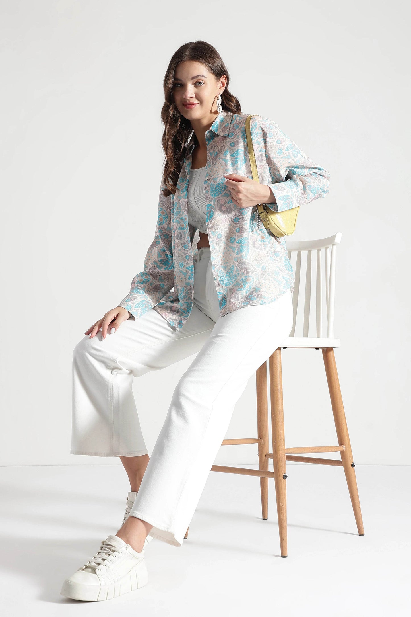 Blue and Beige Floral Printed Viscose Shirt - Fabravaa