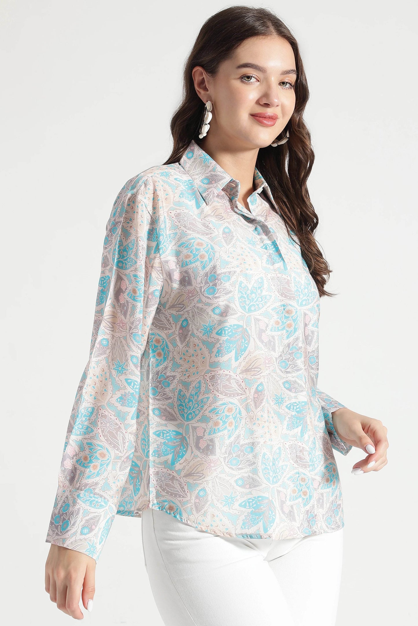 Blue and Beige Floral Printed Viscose Shirt - Fabravaa