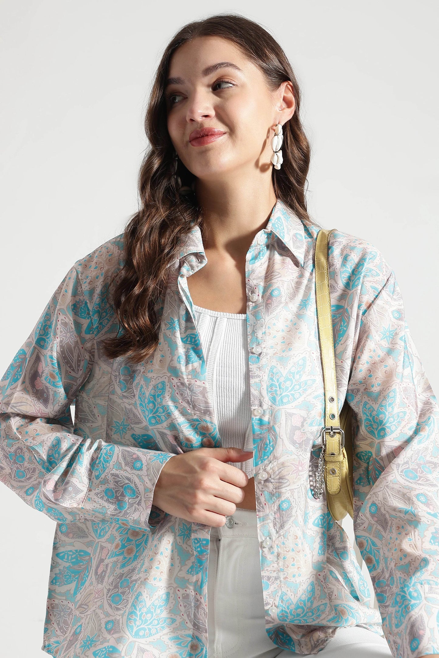 Blue and Beige Floral Printed Viscose Shirt - Fabravaa