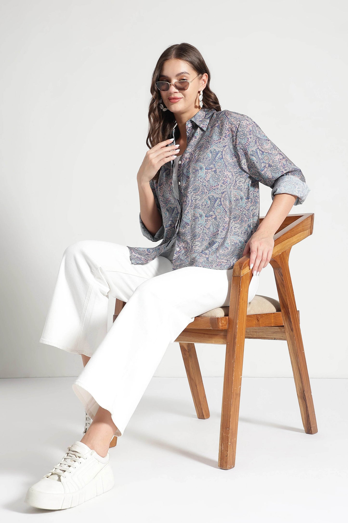 Navy Blue Paisley Printed Viscose Shirt - Fabravaa
