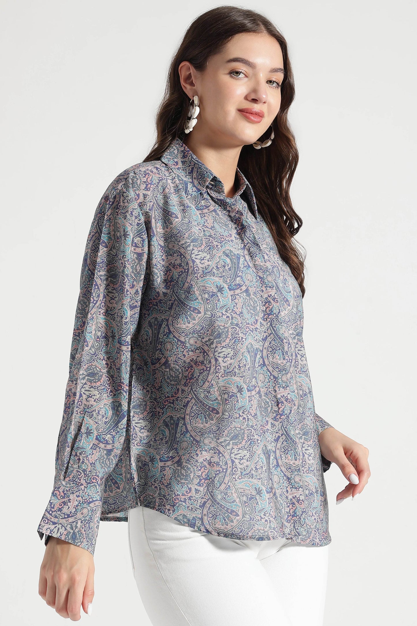 Navy Blue Paisley Printed Viscose Shirt - Fabravaa