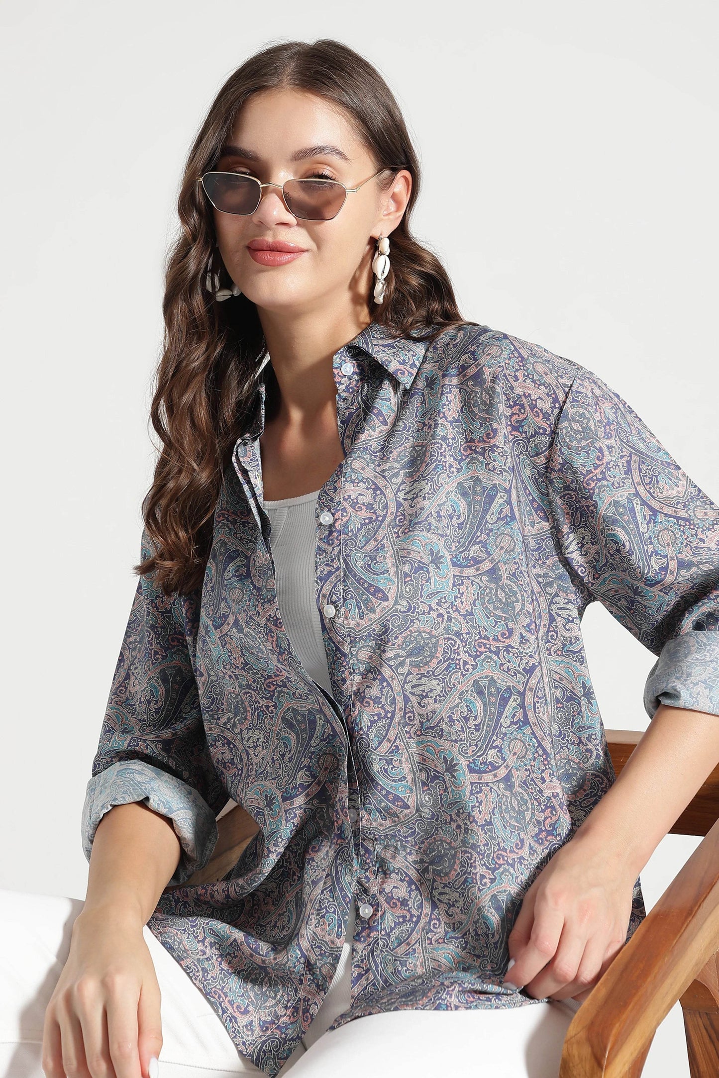 Navy Blue Paisley Printed Viscose Shirt - Fabravaa