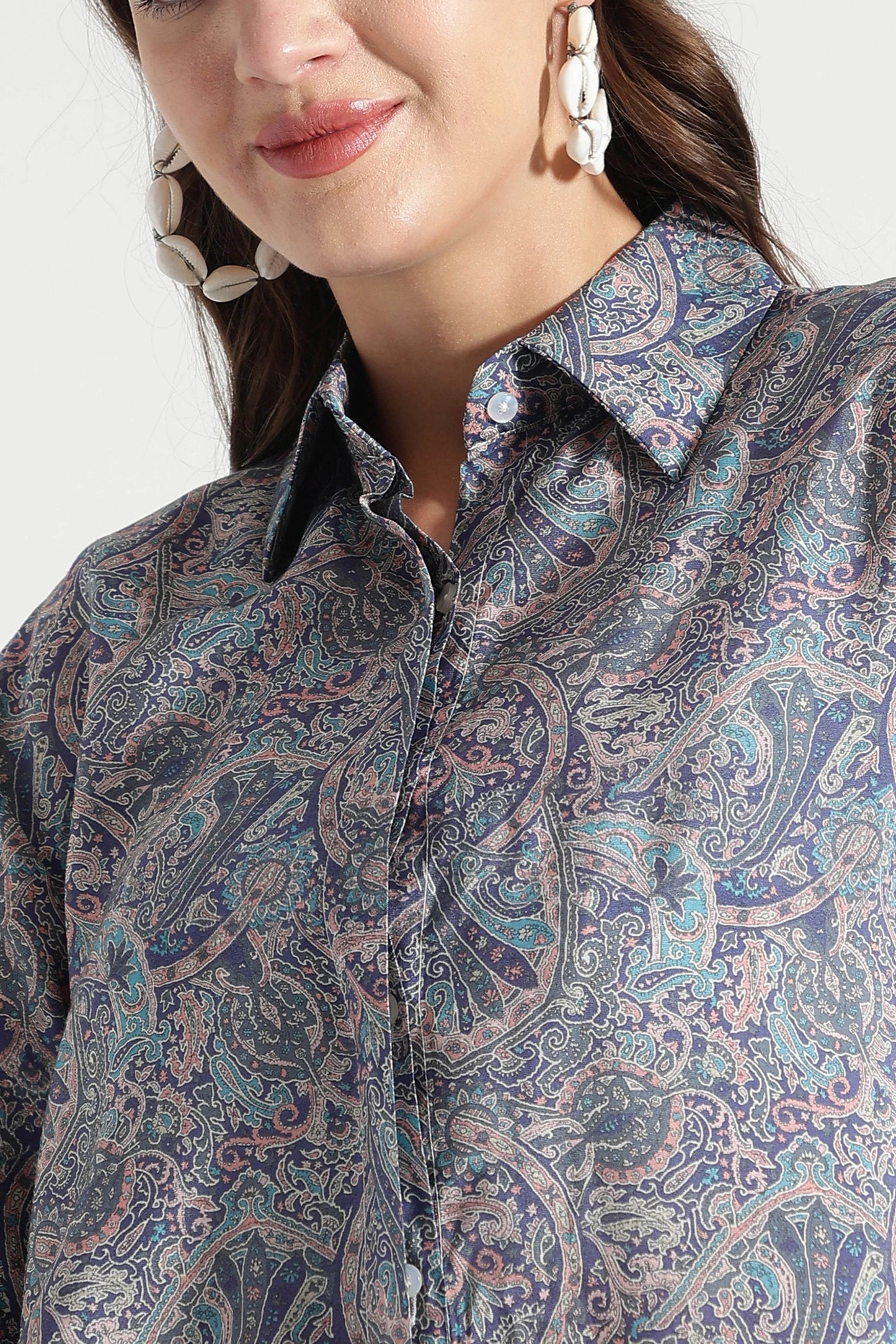 Navy Blue Paisley Printed Viscose Shirt - Fabravaa