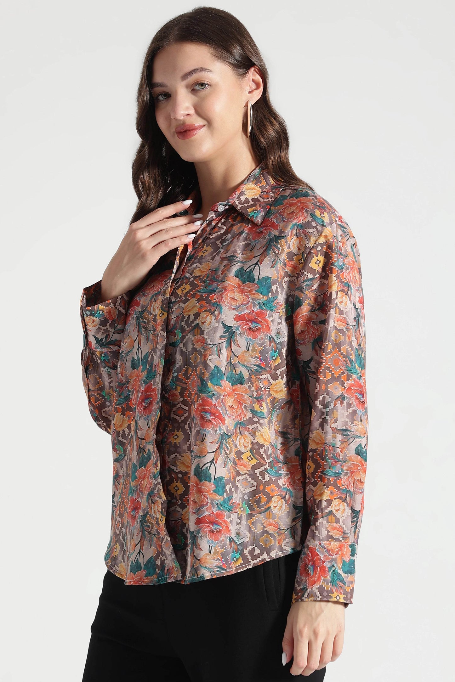 Rust Floral and Ikat Fusion Printed Viscose Shirt - Fabravaa