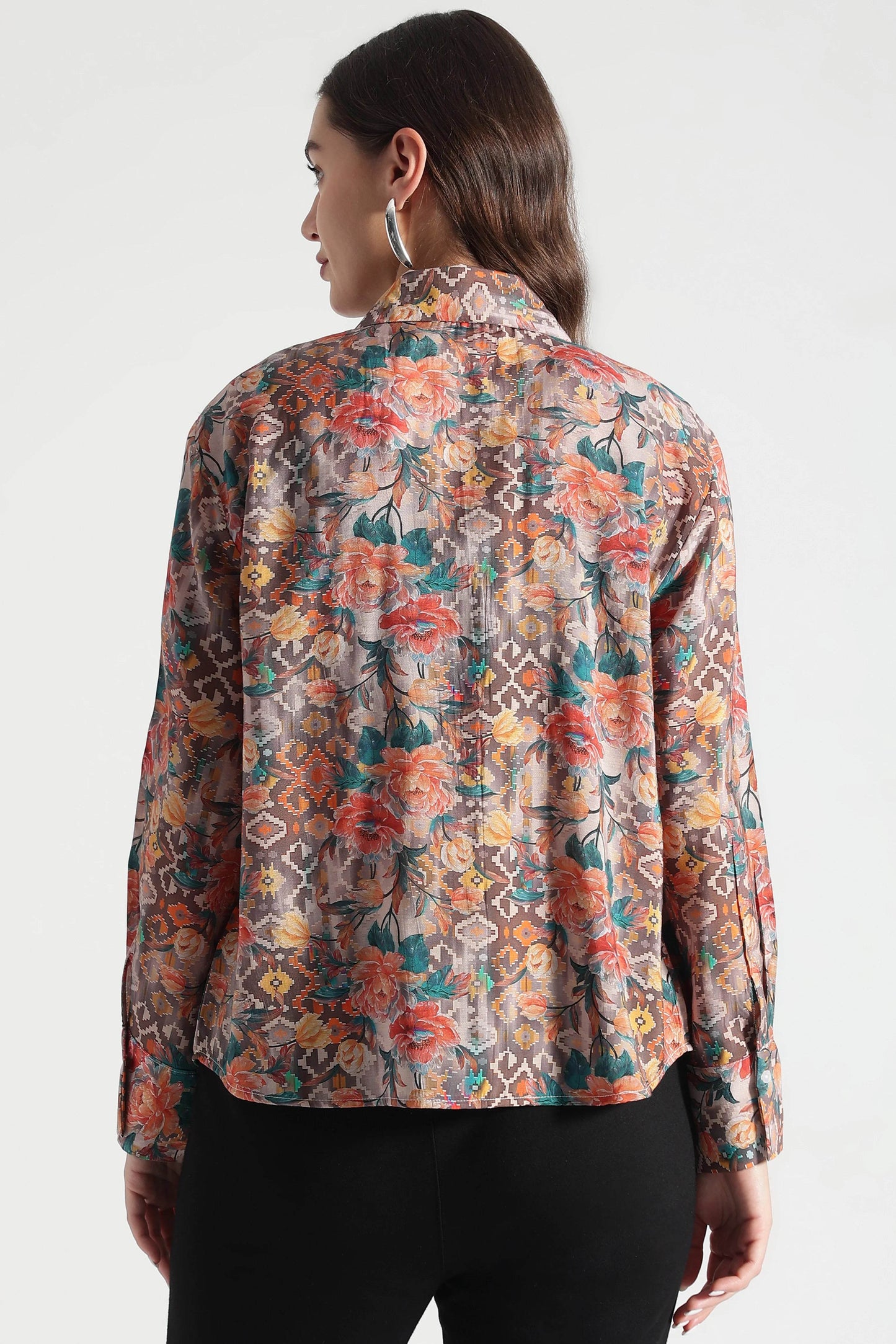 Rust Floral and Ikat Fusion Printed Viscose Shirt - Fabravaa