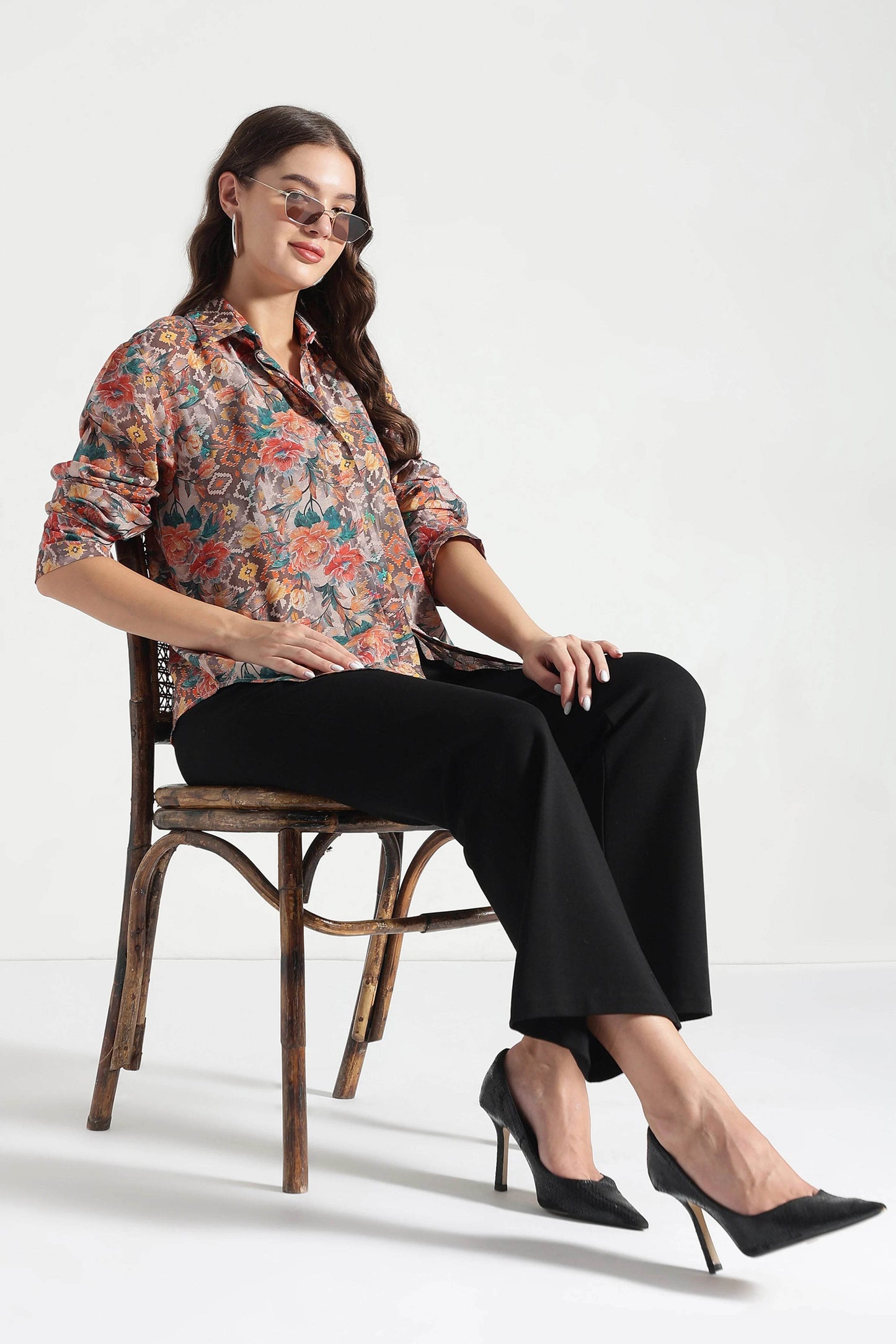 Rust Floral and Ikat Fusion Printed Viscose Shirt - Fabravaa