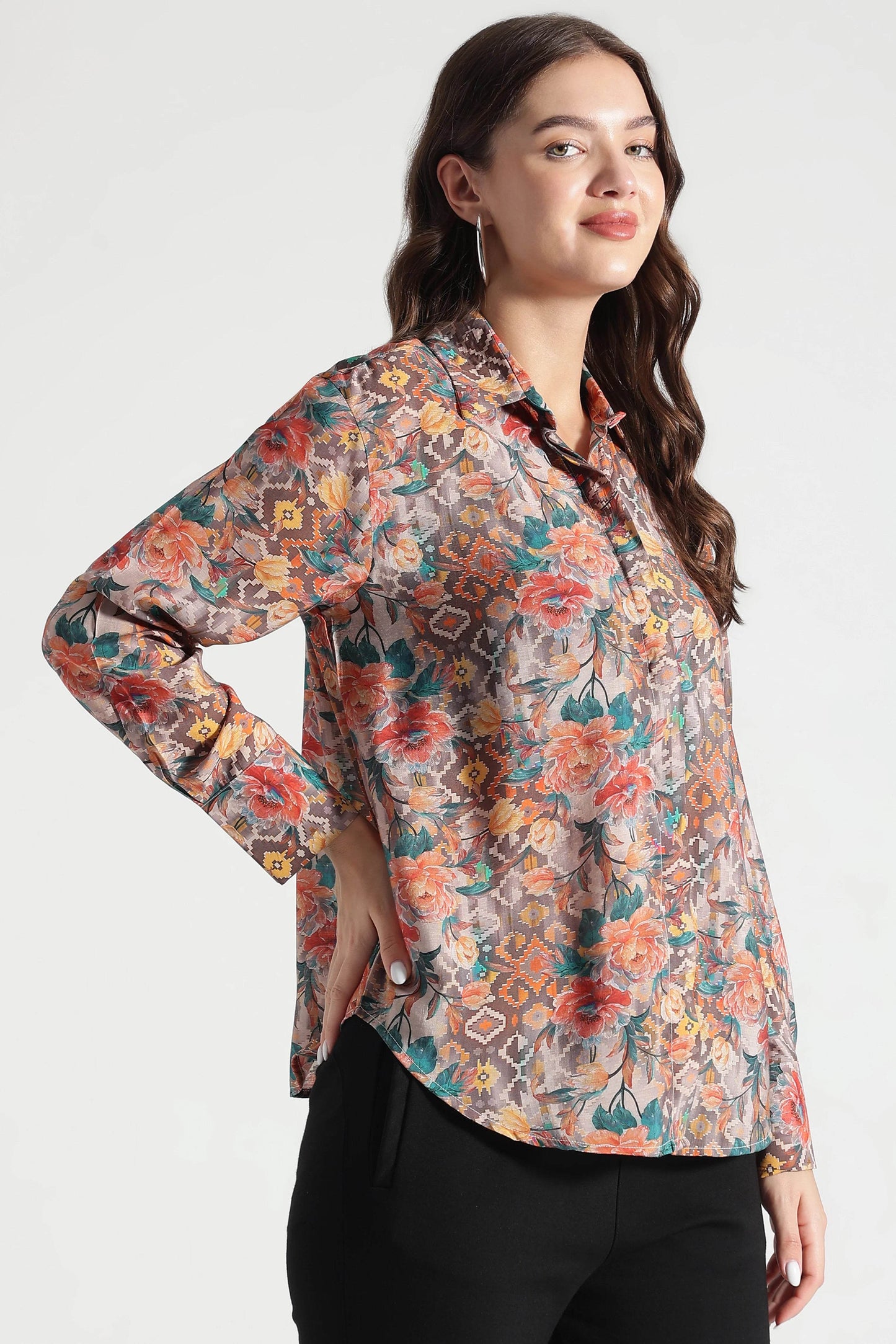 Rust Floral and Ikat Fusion Printed Viscose Shirt - Fabravaa