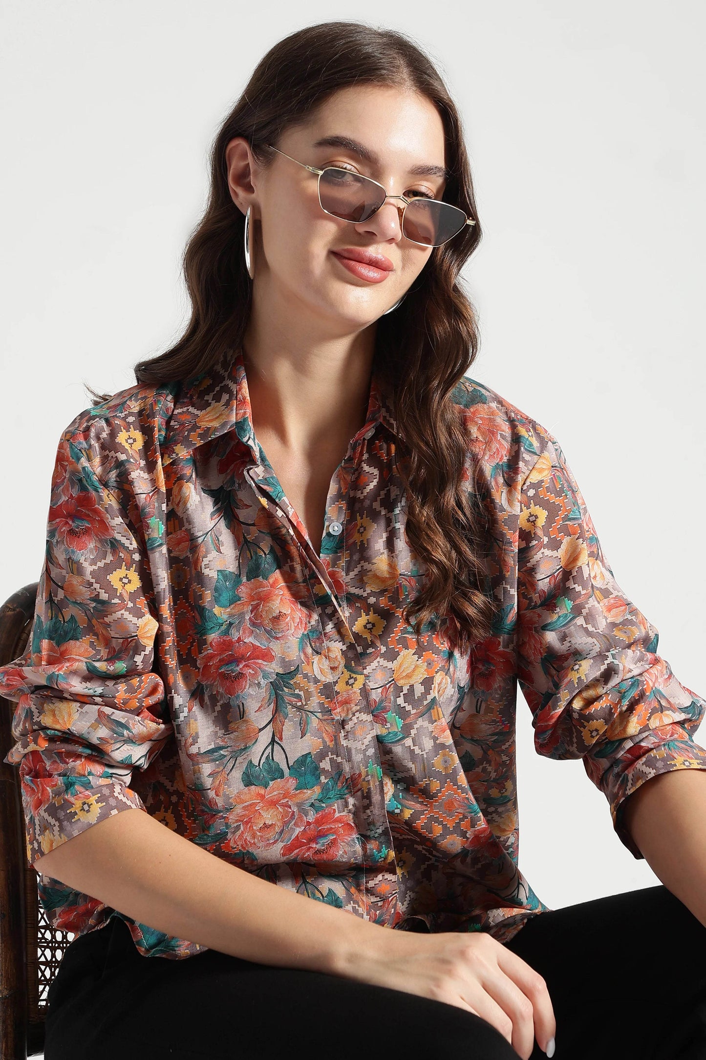 Rust Floral and Ikat Fusion Printed Viscose Shirt - Fabravaa