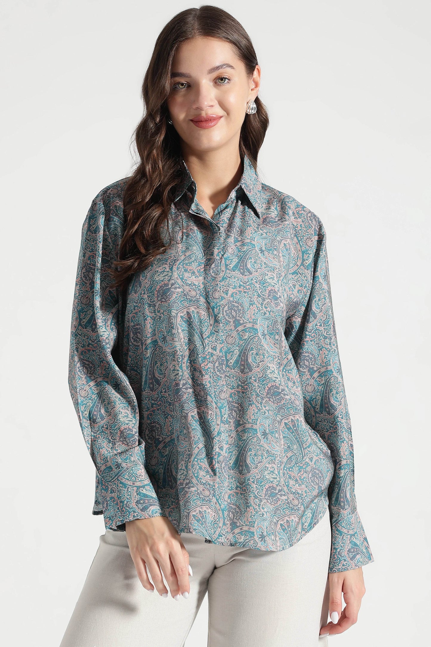 Dusty Teal Paisley Printed Viscose Shirt - Fabravaa