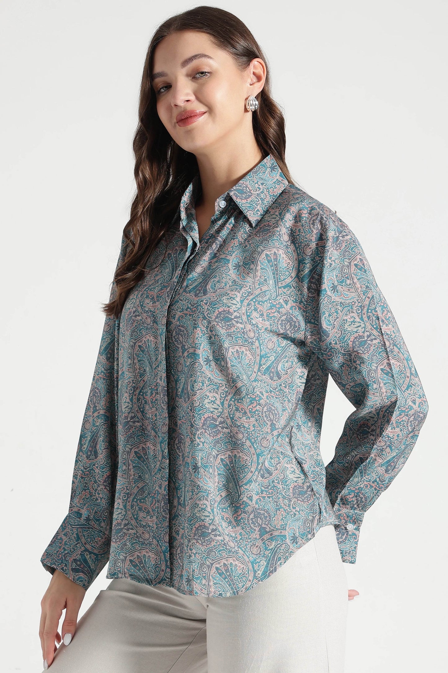 Dusty Teal Paisley Printed Viscose Shirt - Fabravaa