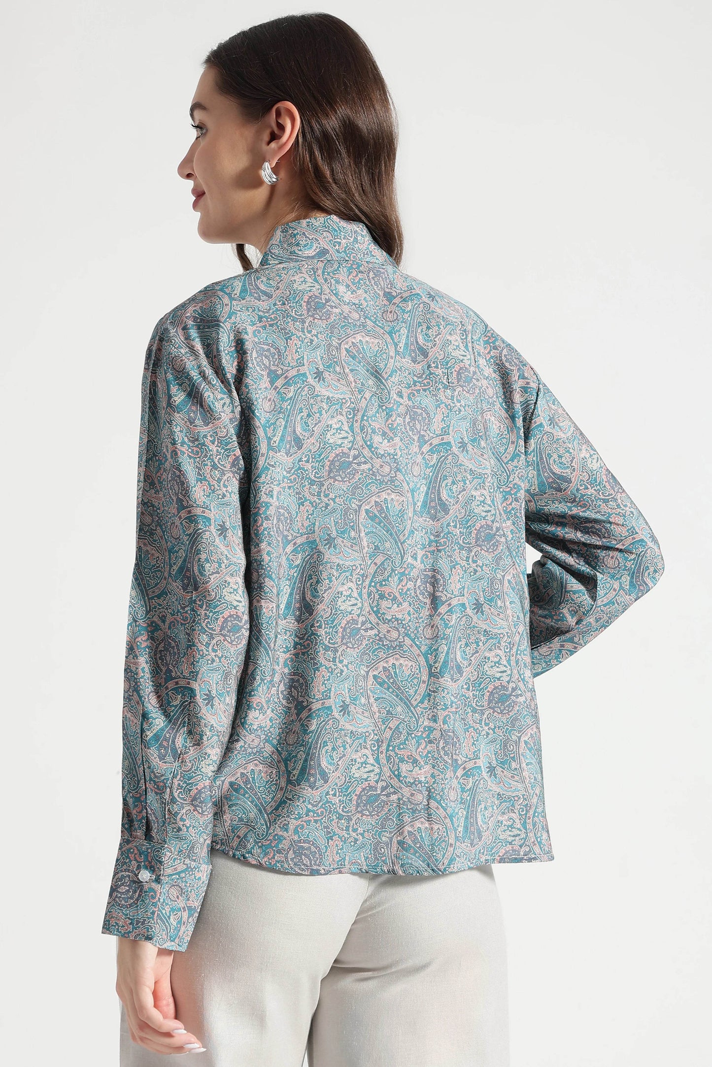 Dusty Teal Paisley Printed Viscose Shirt - Fabravaa