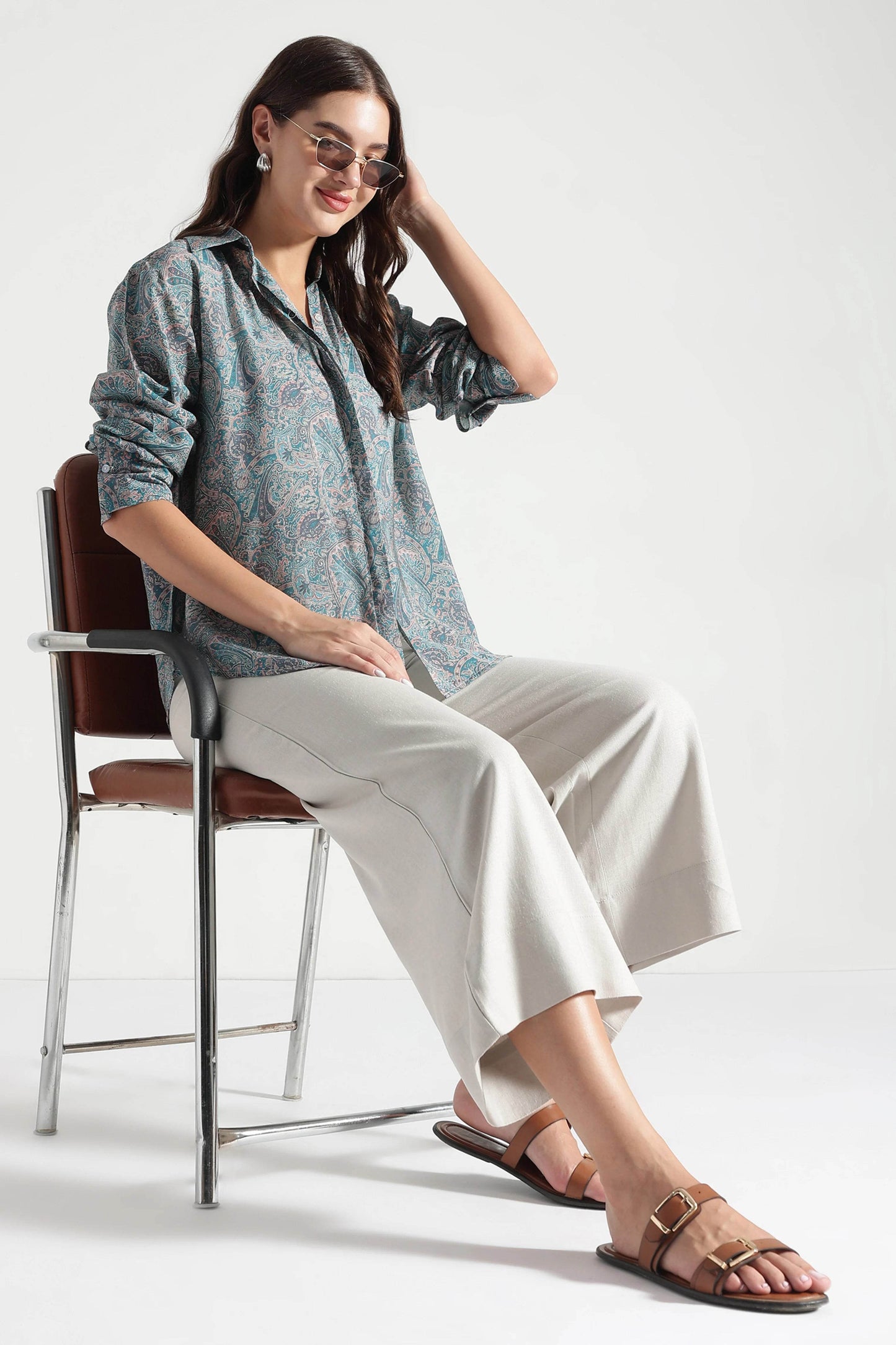 Dusty Teal Paisley Printed Viscose Shirt - Fabravaa