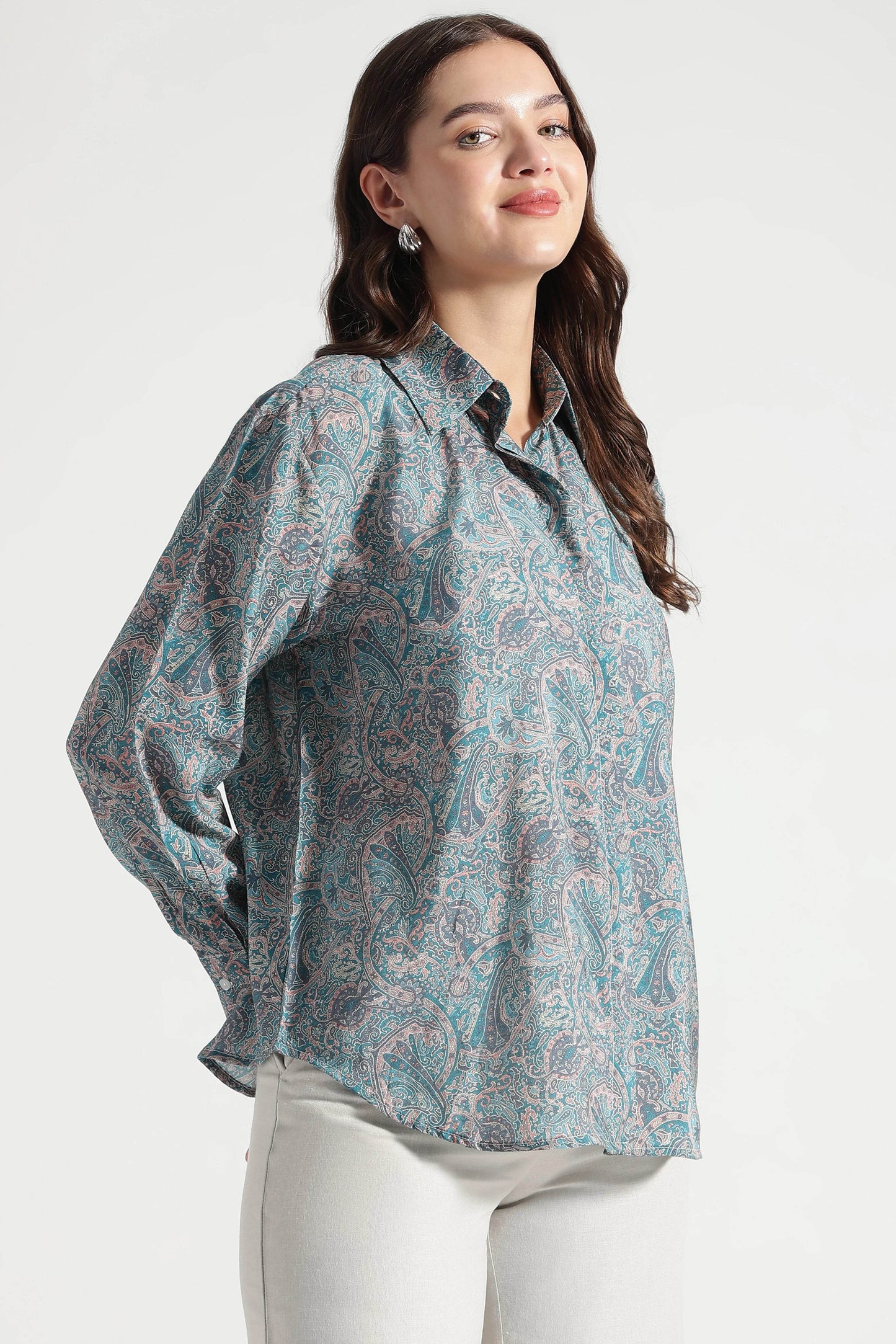 Dusty Teal Paisley Printed Viscose Shirt - Fabravaa