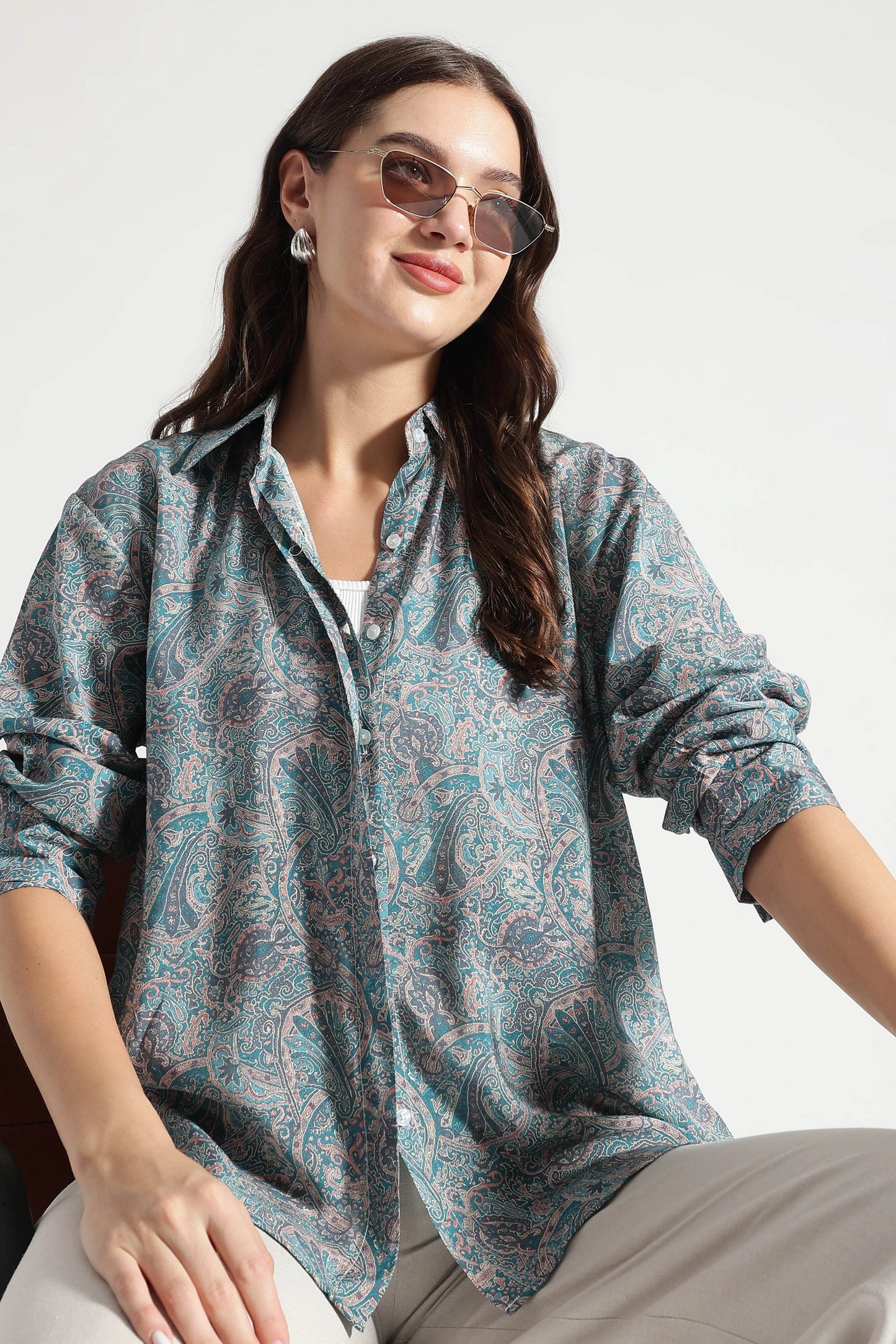 Dusty Teal Paisley Printed Viscose Shirt - Fabravaa