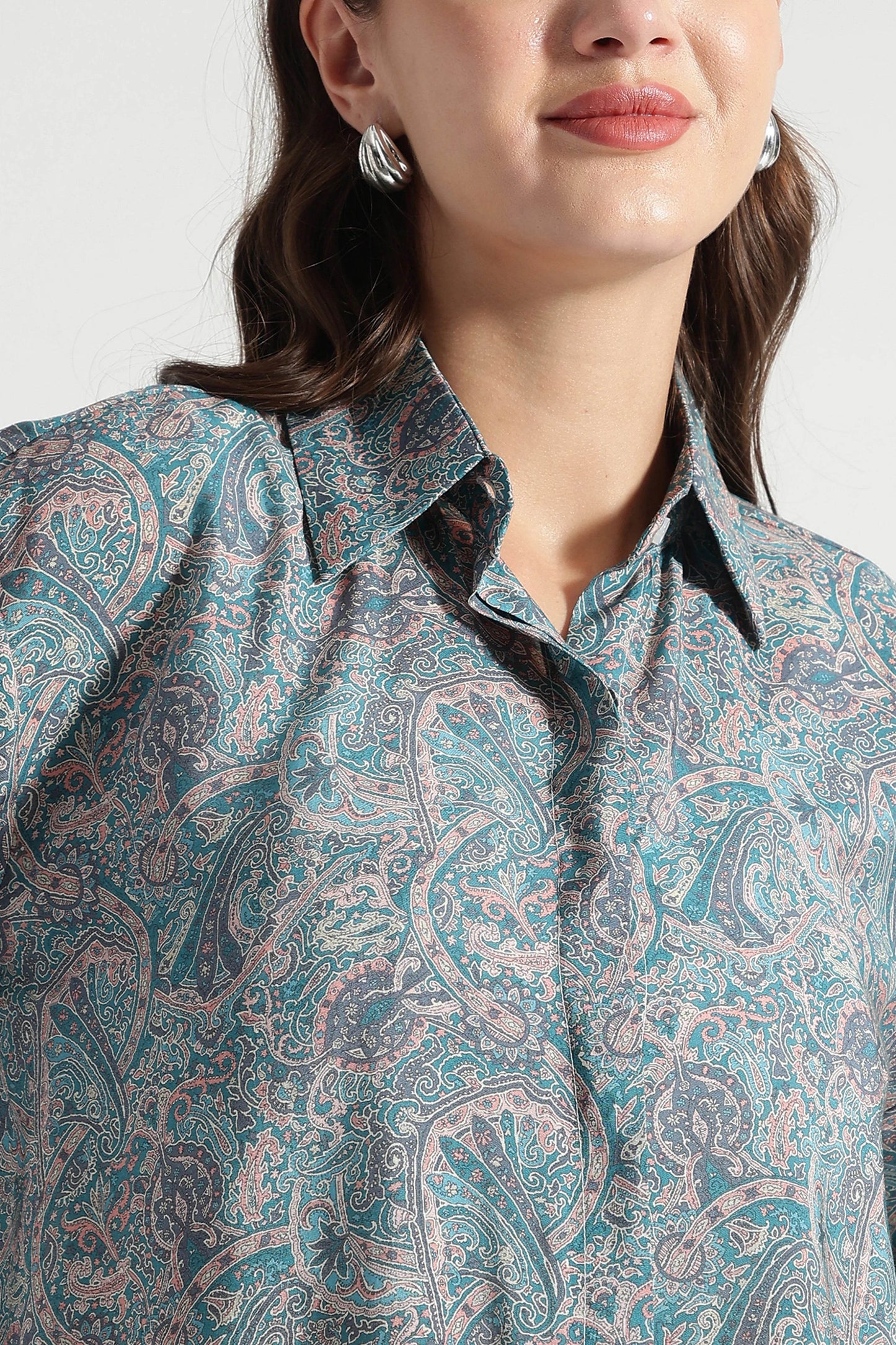 Dusty Teal Paisley Printed Viscose Shirt - Fabravaa