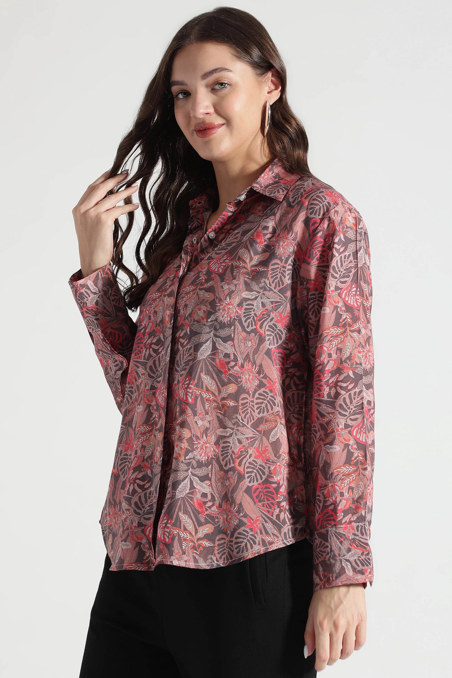 Rust Red Tropical Leaf Printed Viscose Shirt - Fabravaa
