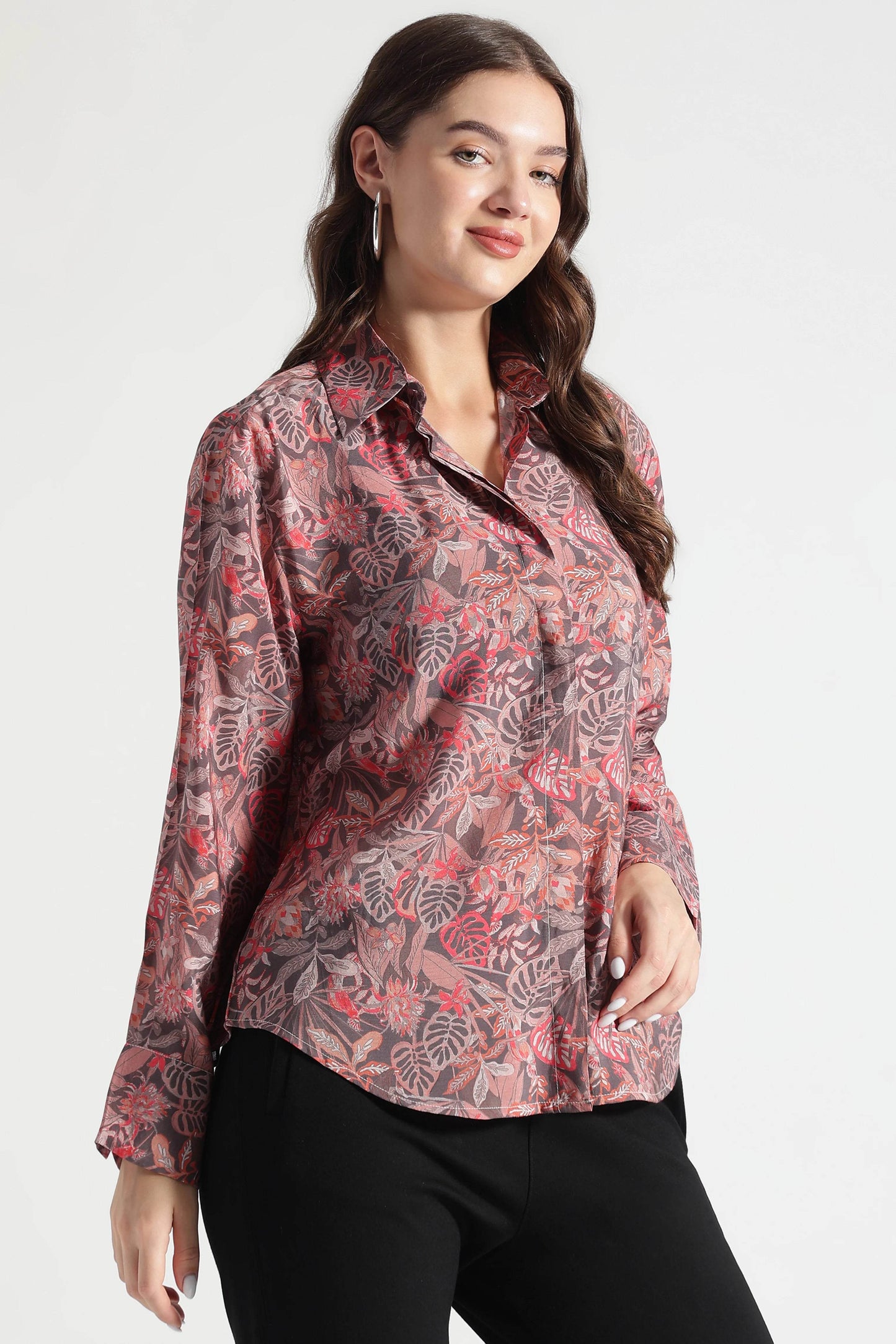 Rust Red Tropical Leaf Printed Viscose Shirt - Fabravaa