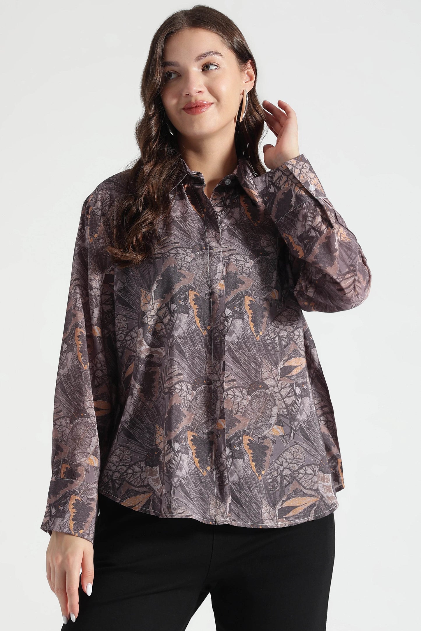 Brown Floral Patterned Relaxed Fit Shirt - Fabravaa