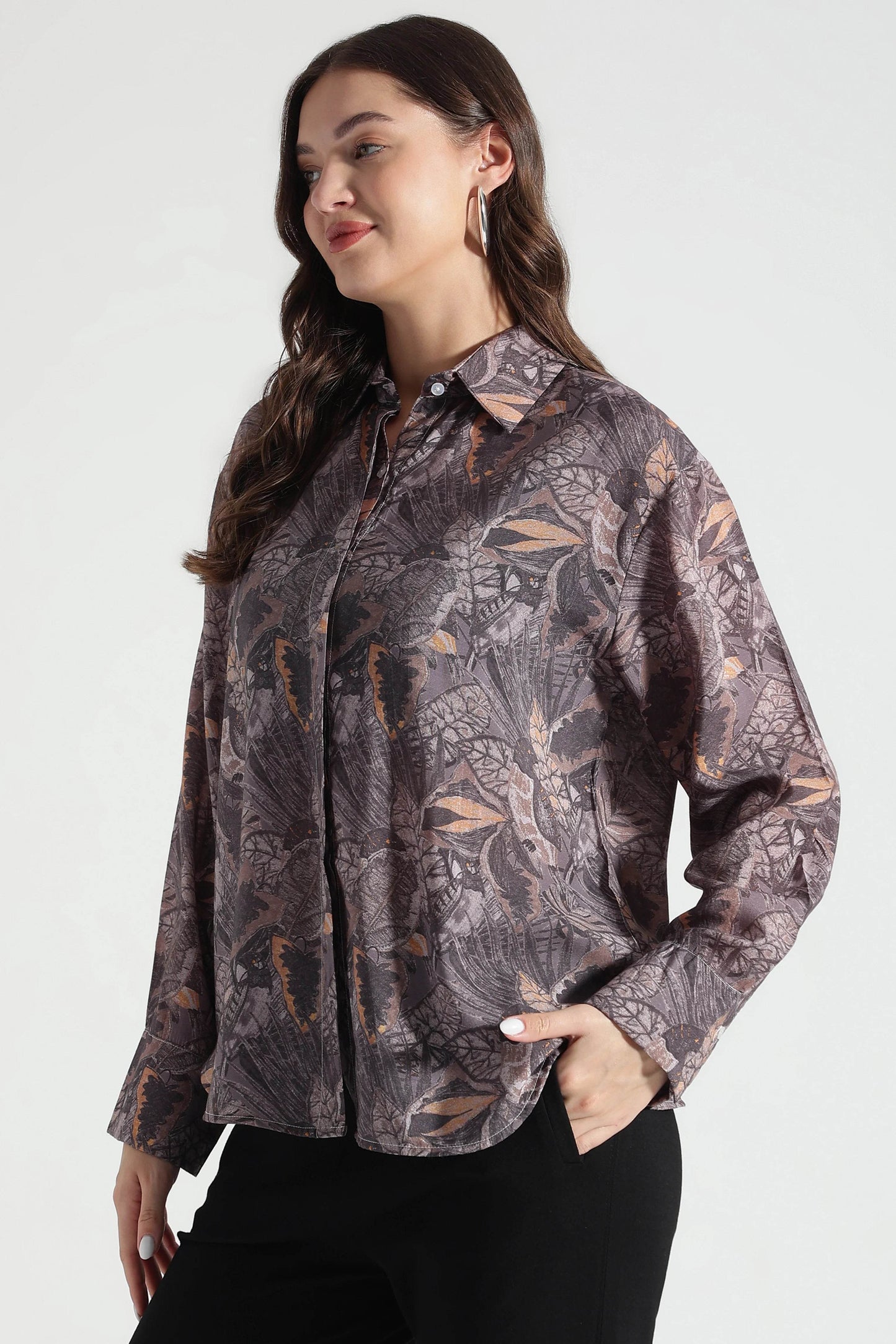 Brown Floral Patterned Relaxed Fit Shirt - Fabravaa