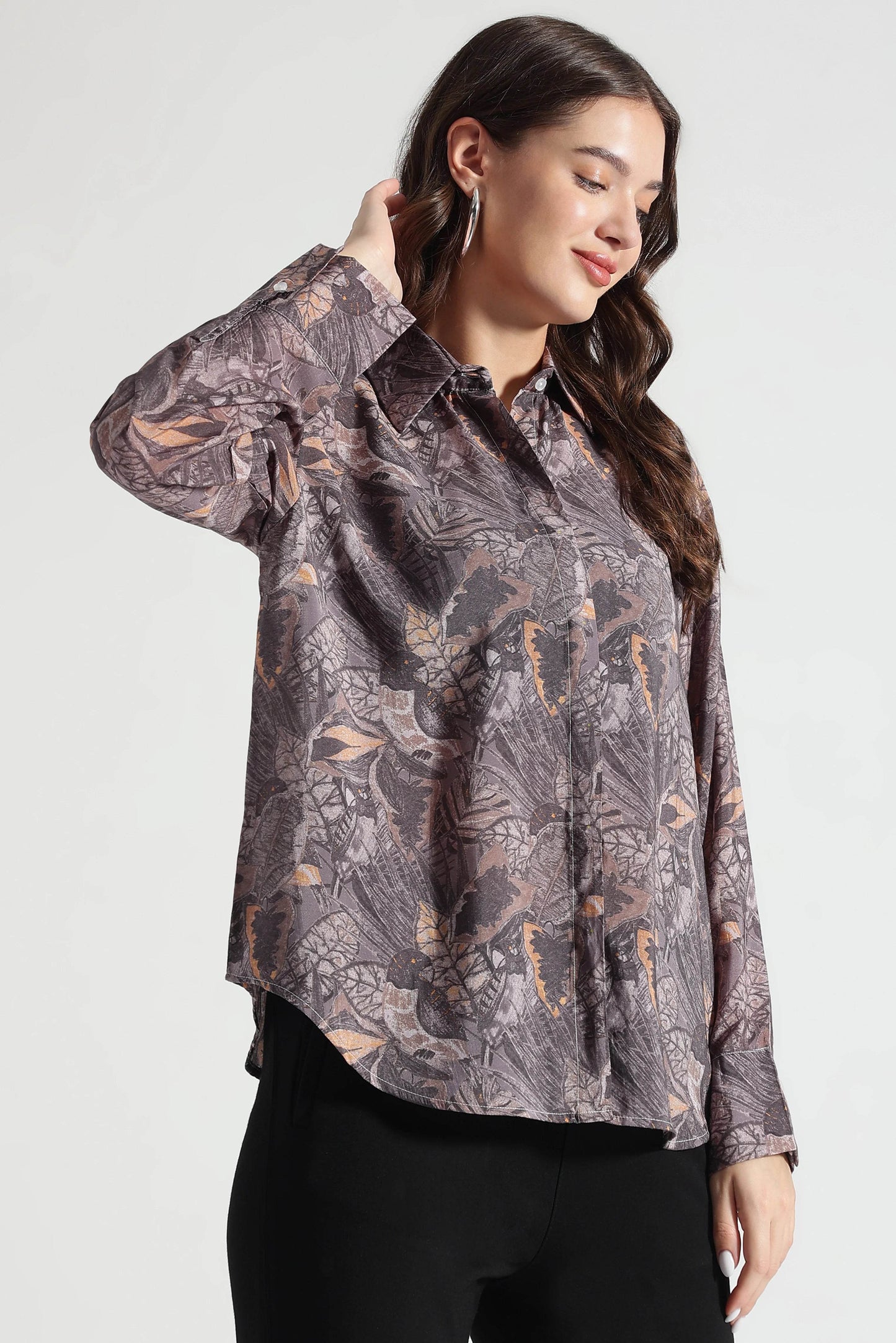 Brown Floral Patterned Relaxed Fit Shirt - Fabravaa