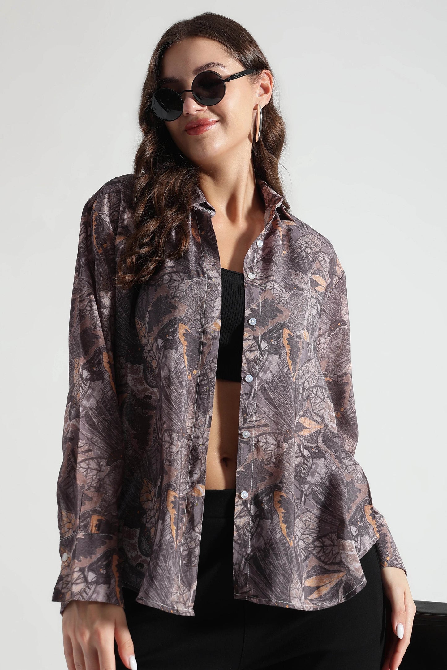 Brown Floral Patterned Relaxed Fit Shirt - Fabravaa