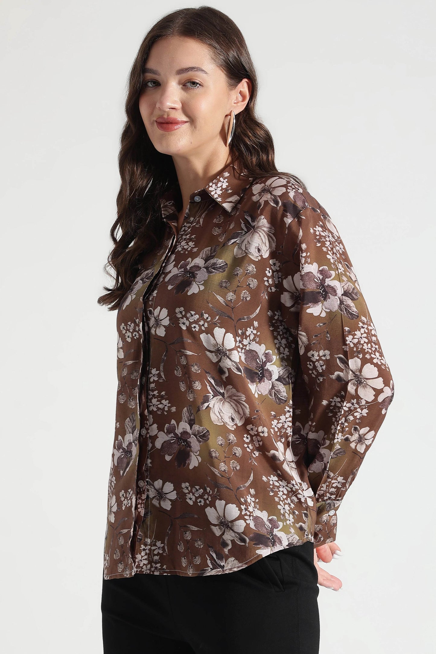 Brown Floral Print Button-Down Shirt - Fabravaa