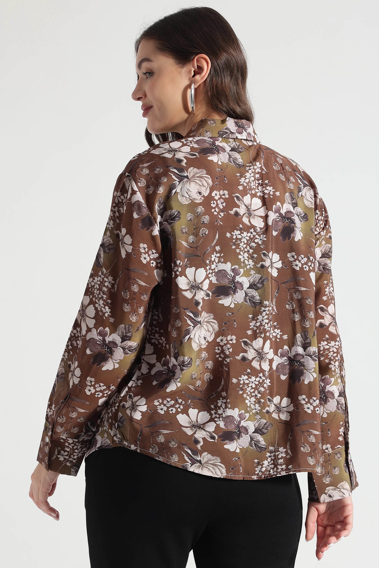 Brown Floral Print Button-Down Shirt - Fabravaa
