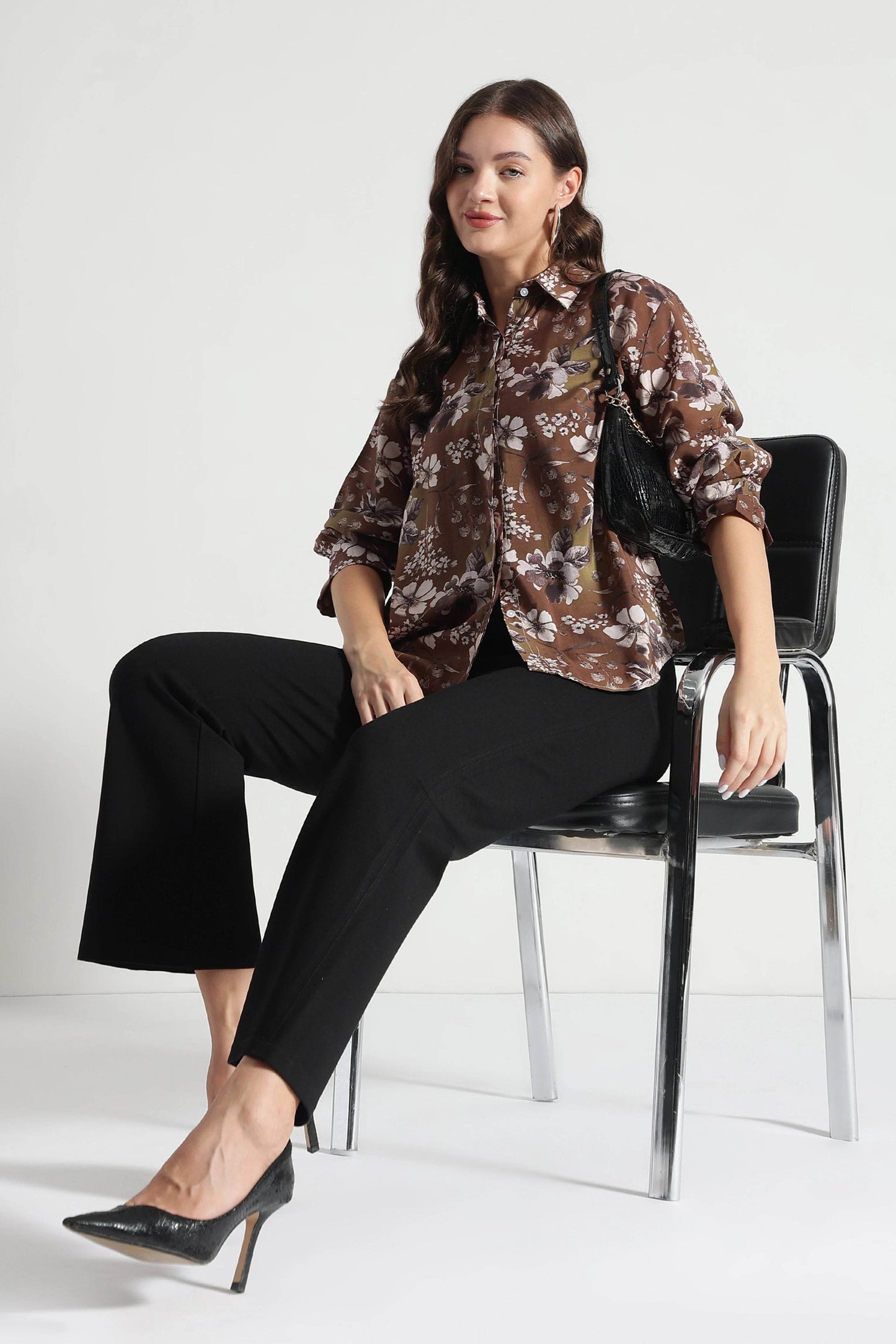 Brown Floral Print Button-Down Shirt - Fabravaa