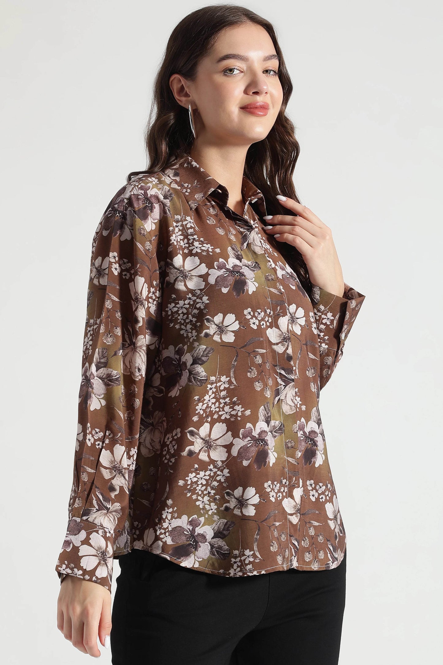Brown Floral Print Button-Down Shirt - Fabravaa
