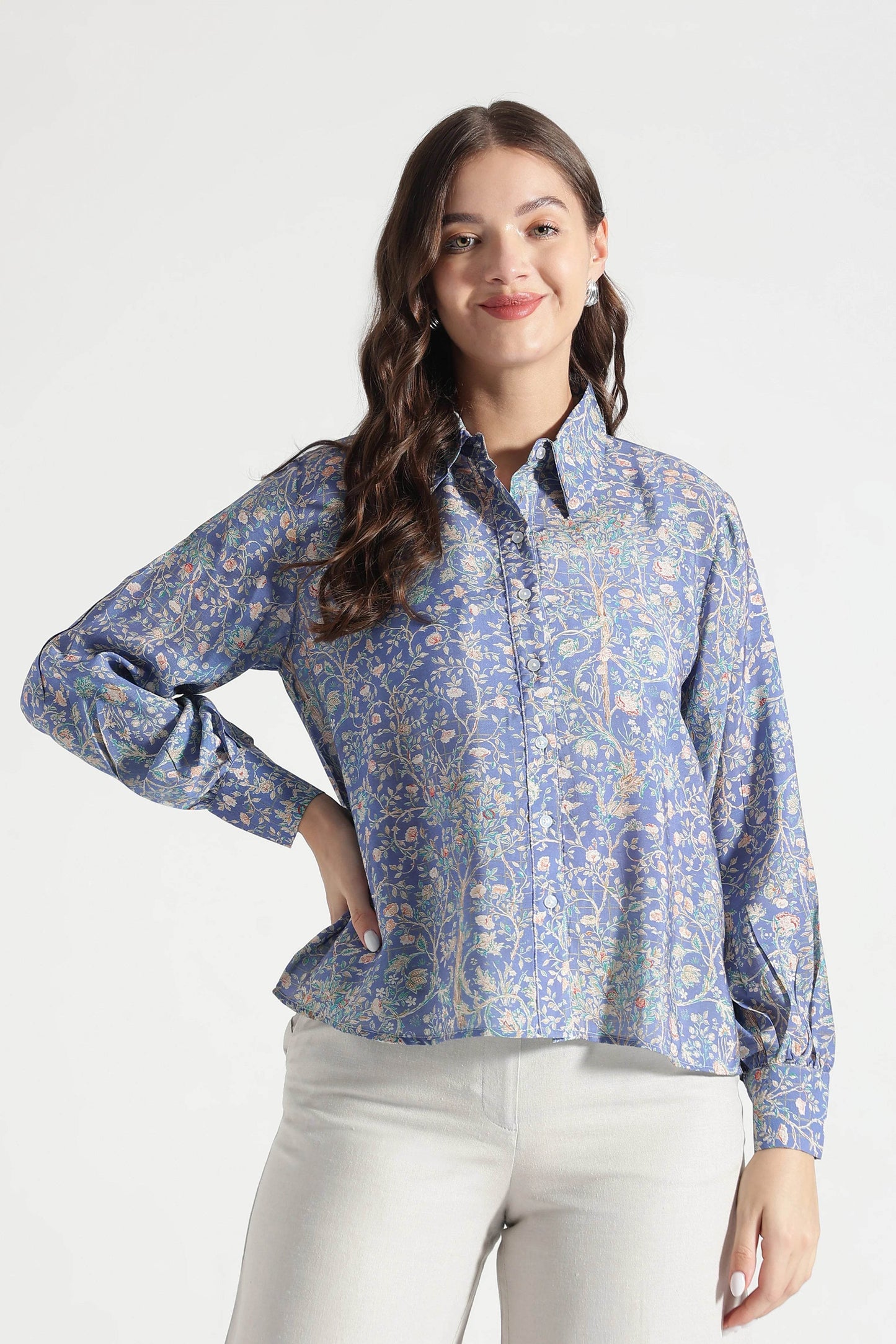 Midnight Blue Botanical Printed Viscose Shirt - Fabravaa