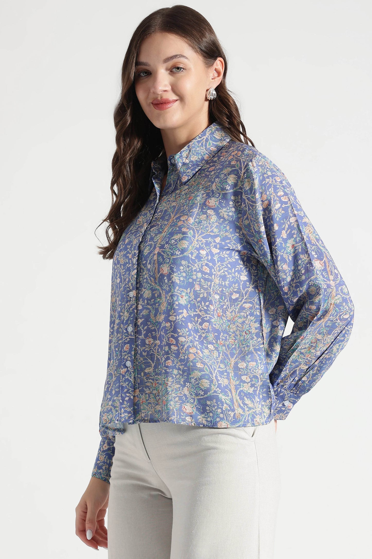 Midnight Blue Botanical Printed Viscose Shirt - Fabravaa