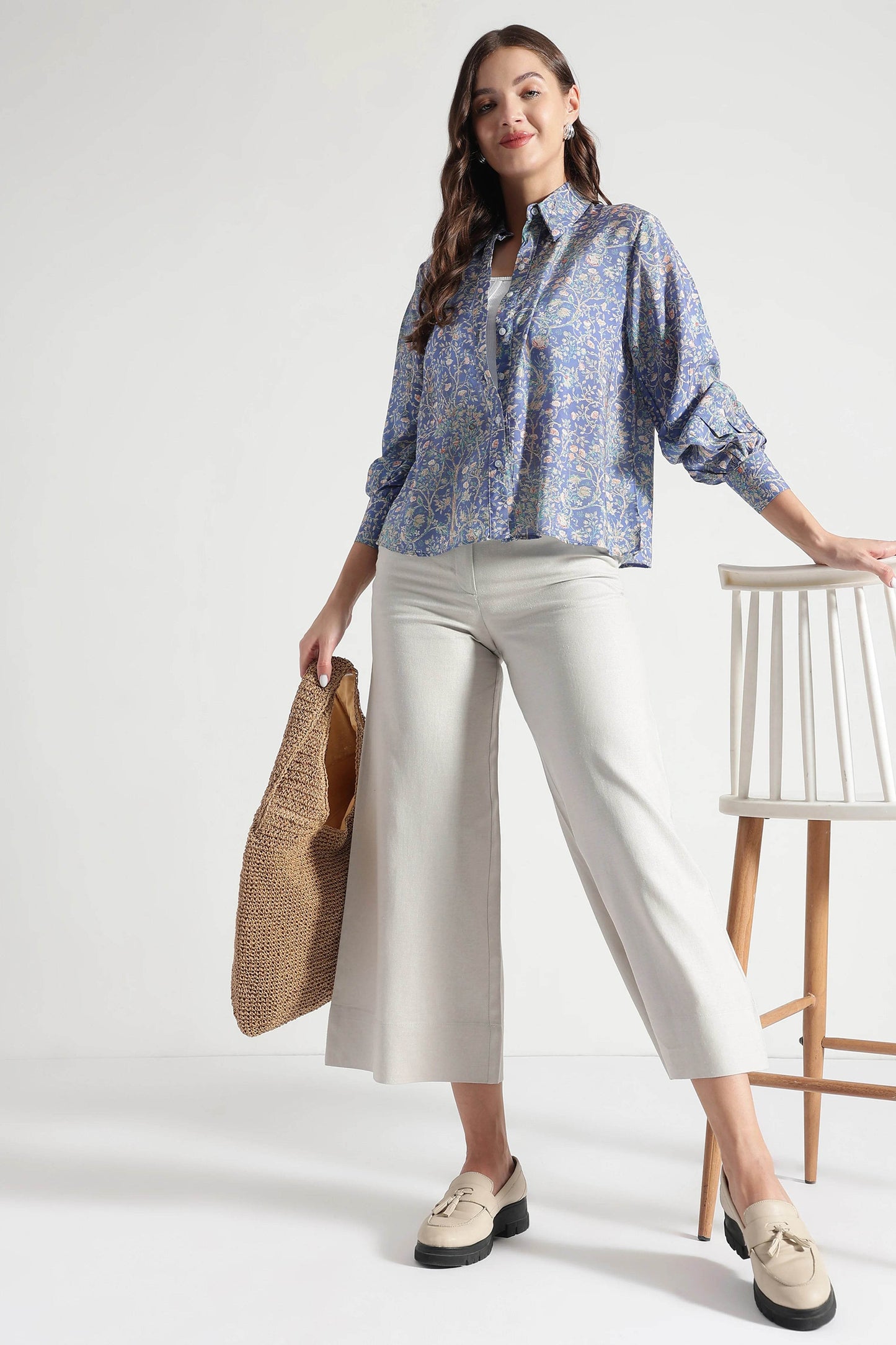 Midnight Blue Botanical Printed Viscose Shirt - Fabravaa