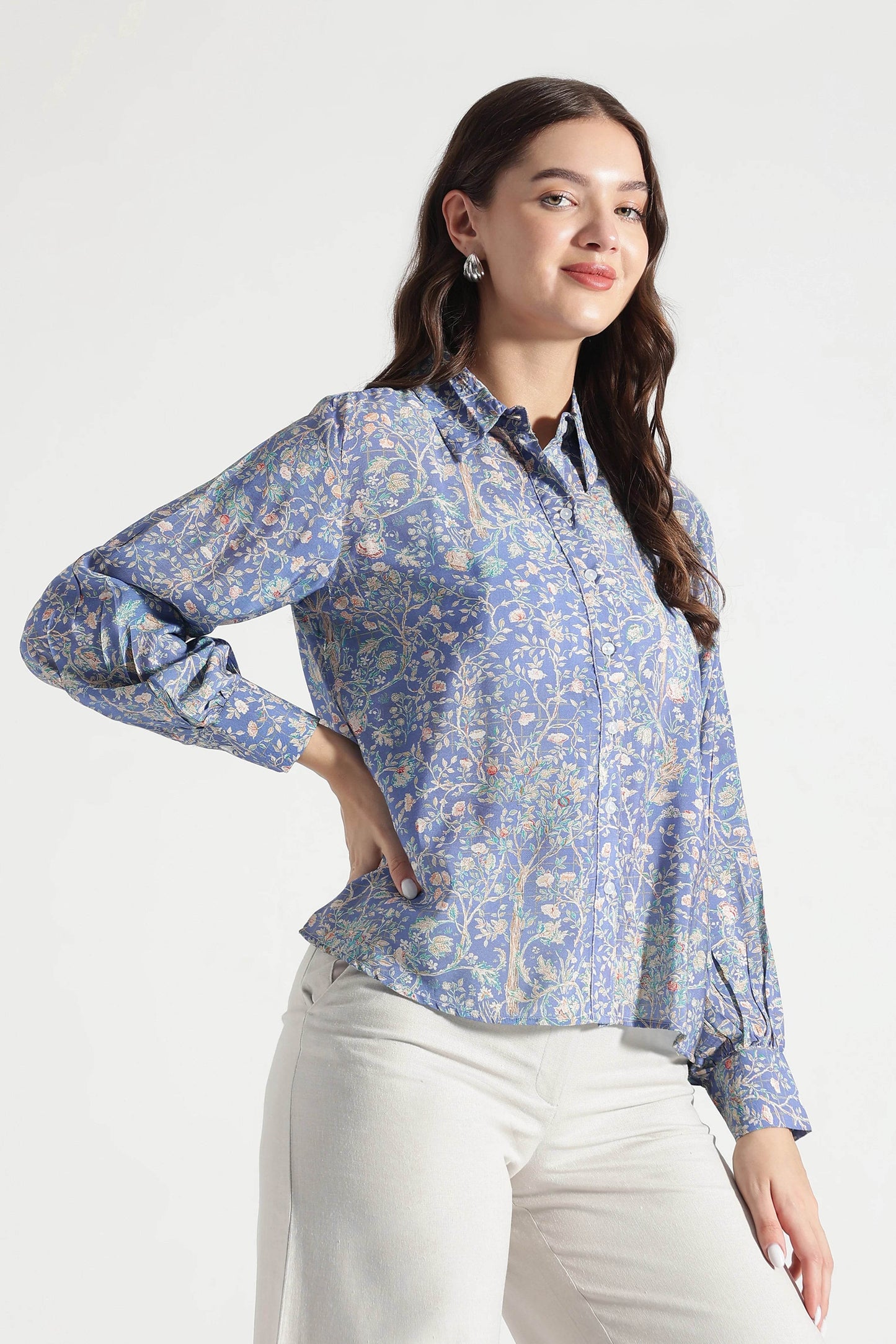 Midnight Blue Botanical Printed Viscose Shirt - Fabravaa