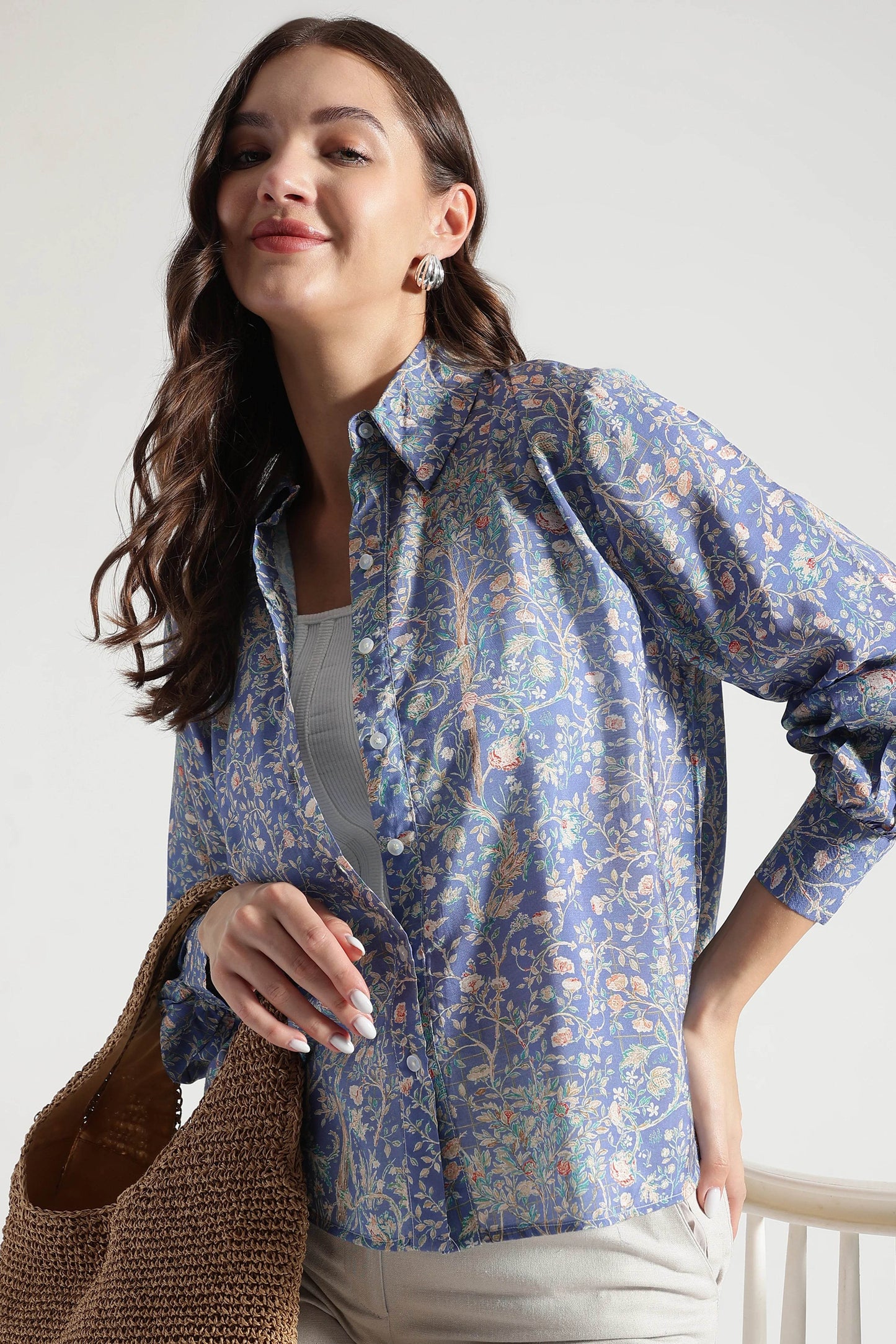 Midnight Blue Botanical Printed Viscose Shirt - Fabravaa