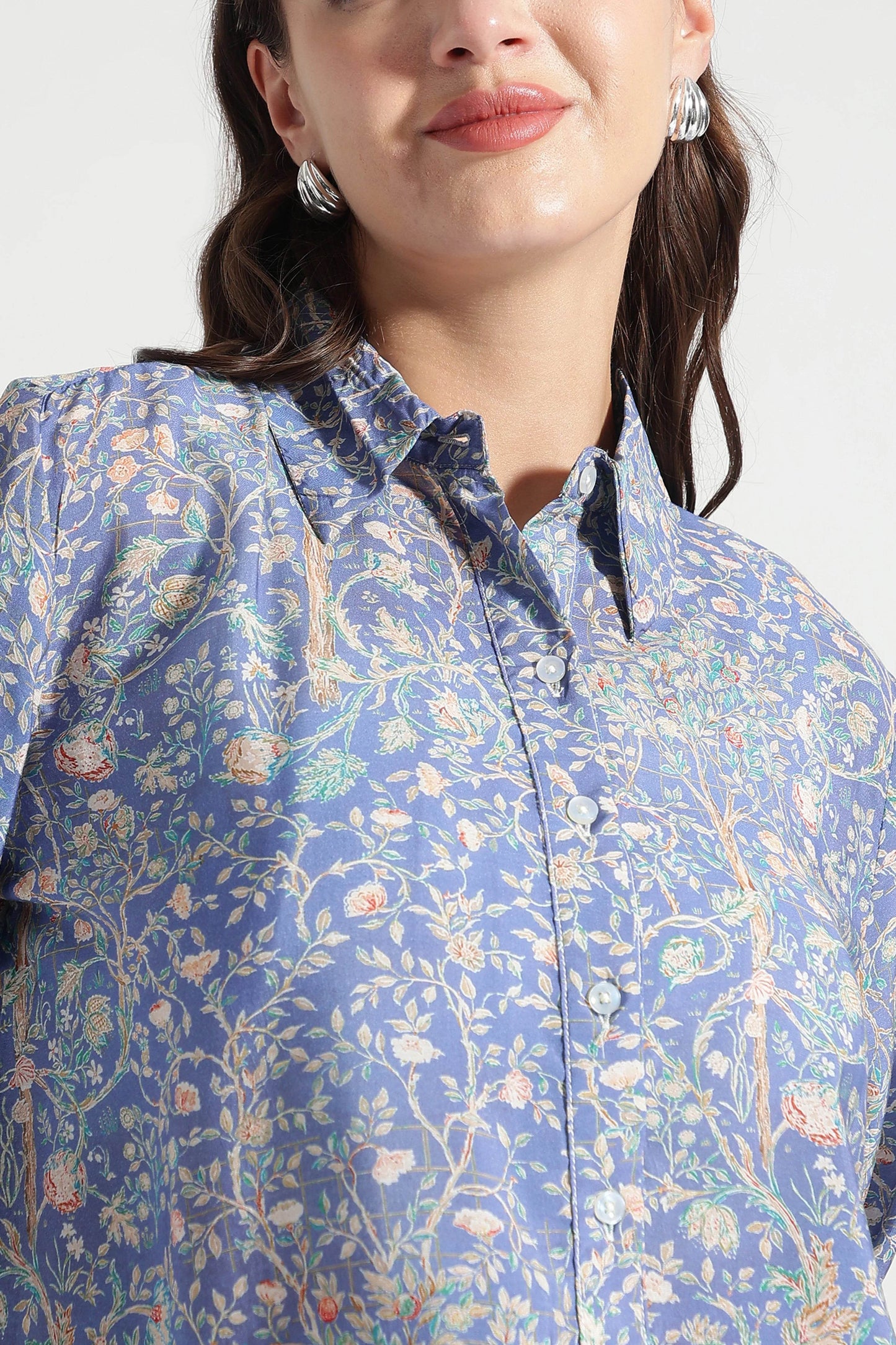 Midnight Blue Botanical Printed Viscose Shirt - Fabravaa