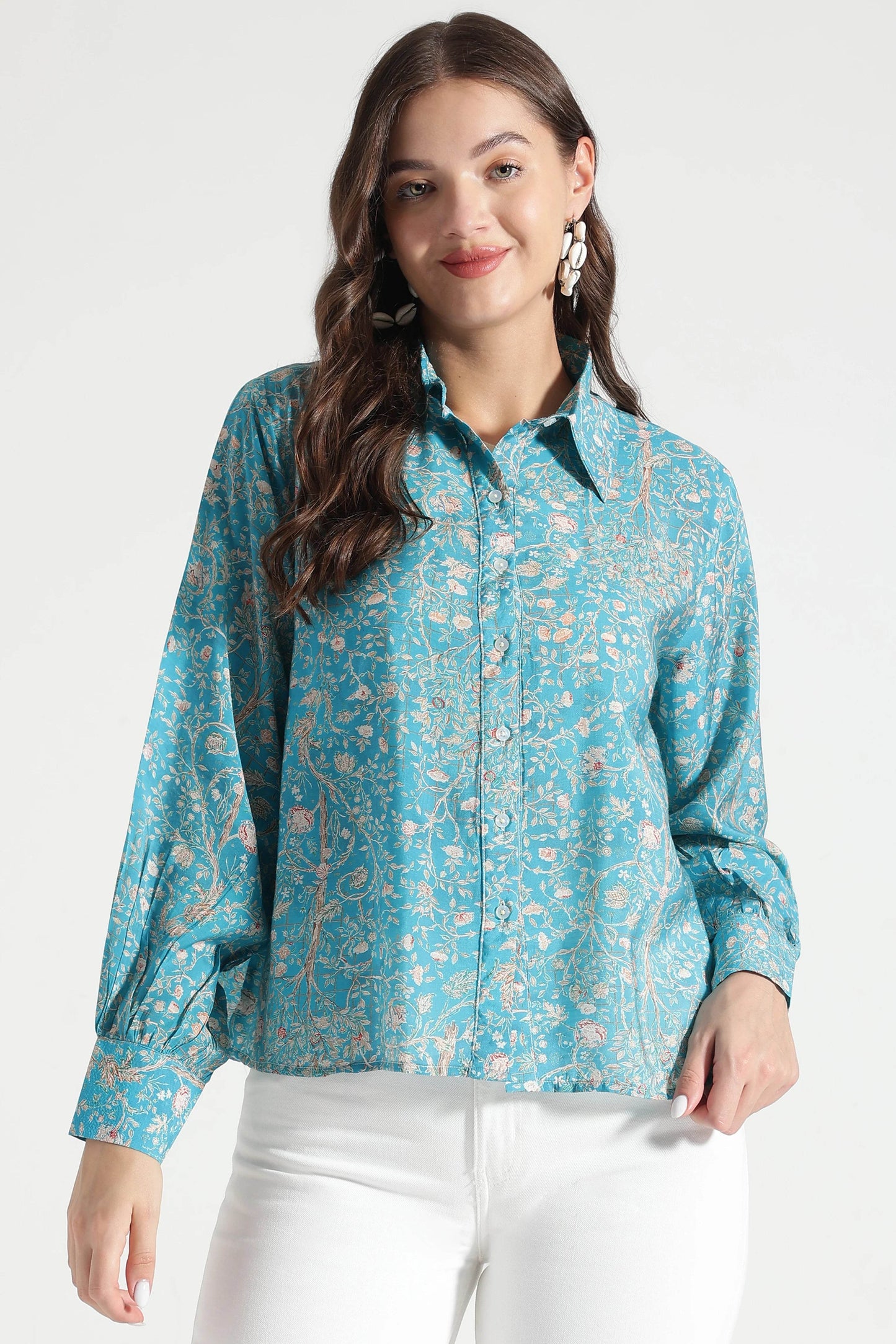 Turquoise Garden Botanical Printed Viscose Shirt - Fabravaa