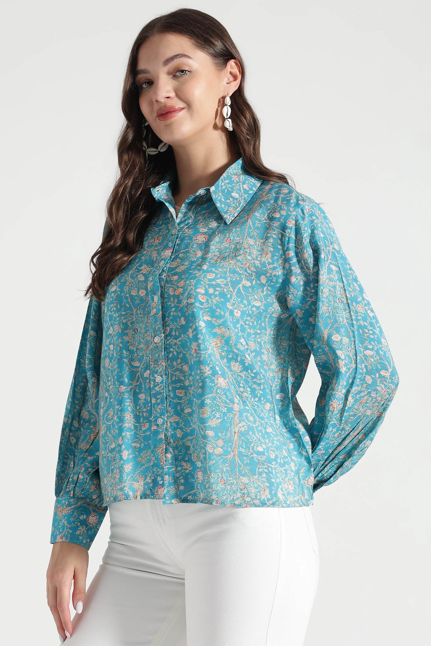 Turquoise Garden Botanical Printed Viscose Shirt - Fabravaa