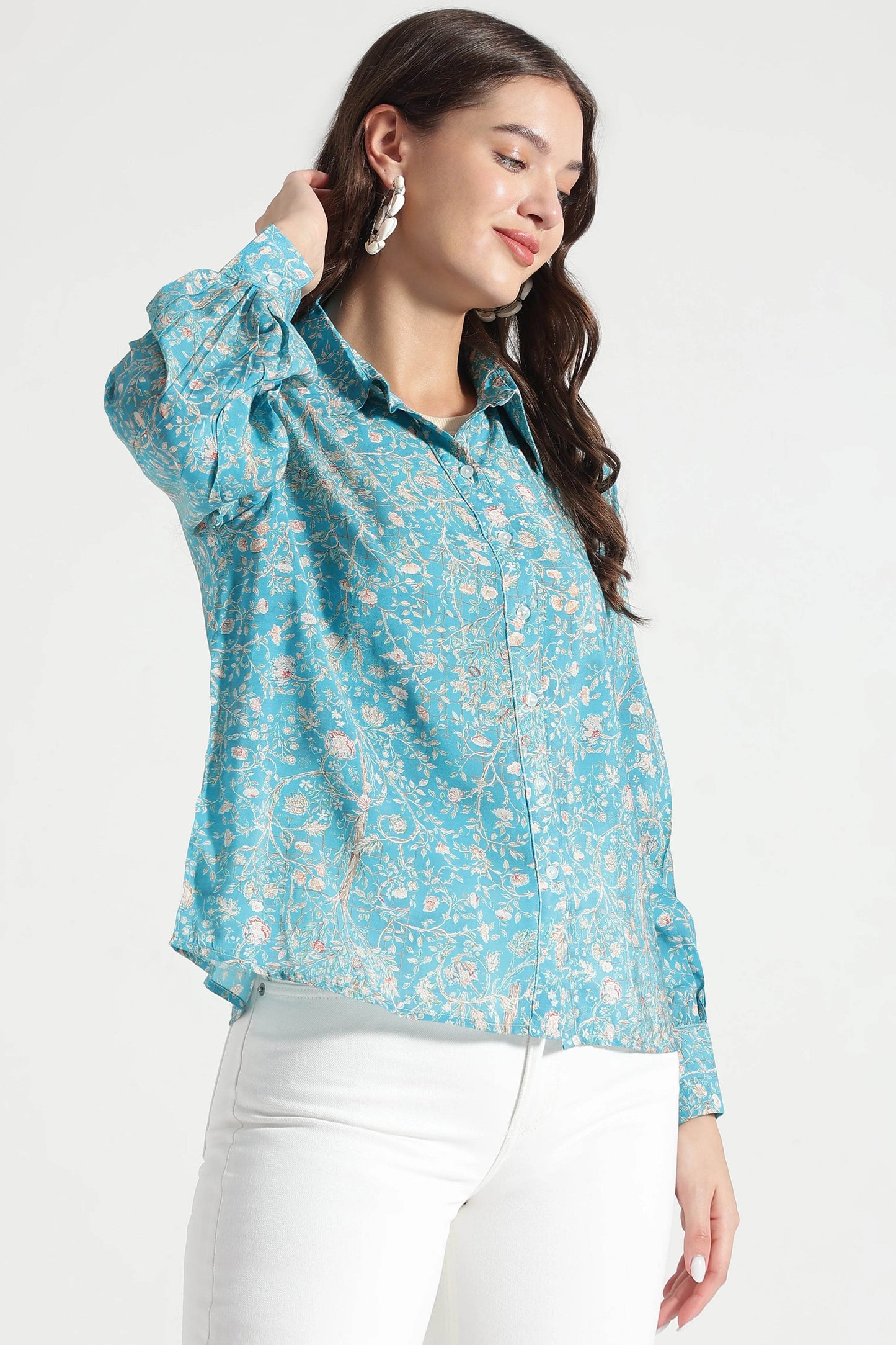 Turquoise Garden Botanical Printed Viscose Shirt - Fabravaa