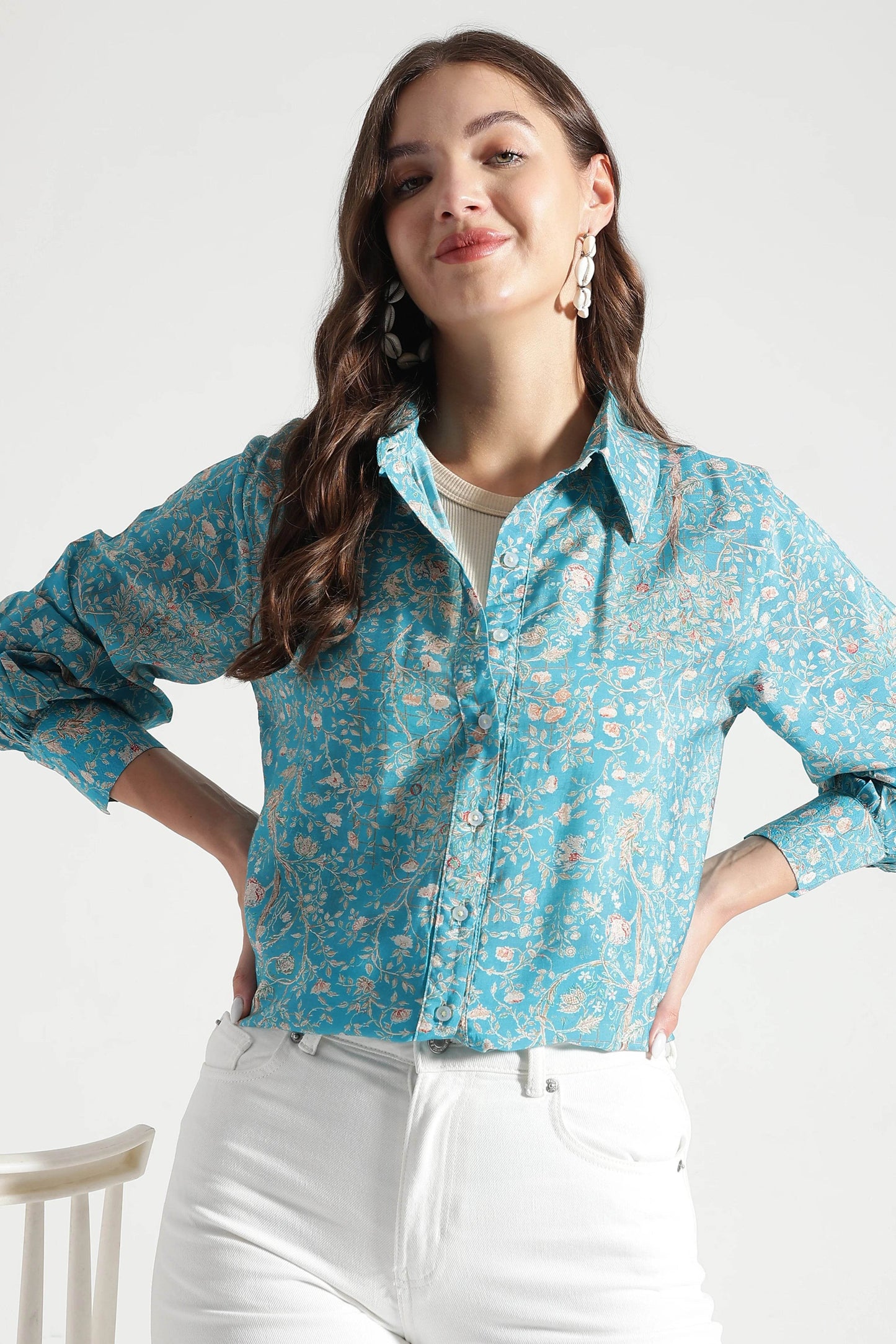 Turquoise Garden Botanical Printed Viscose Shirt - Fabravaa