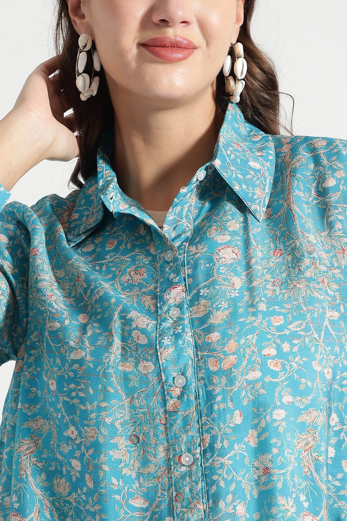 Turquoise Garden Botanical Printed Viscose Shirt - Fabravaa