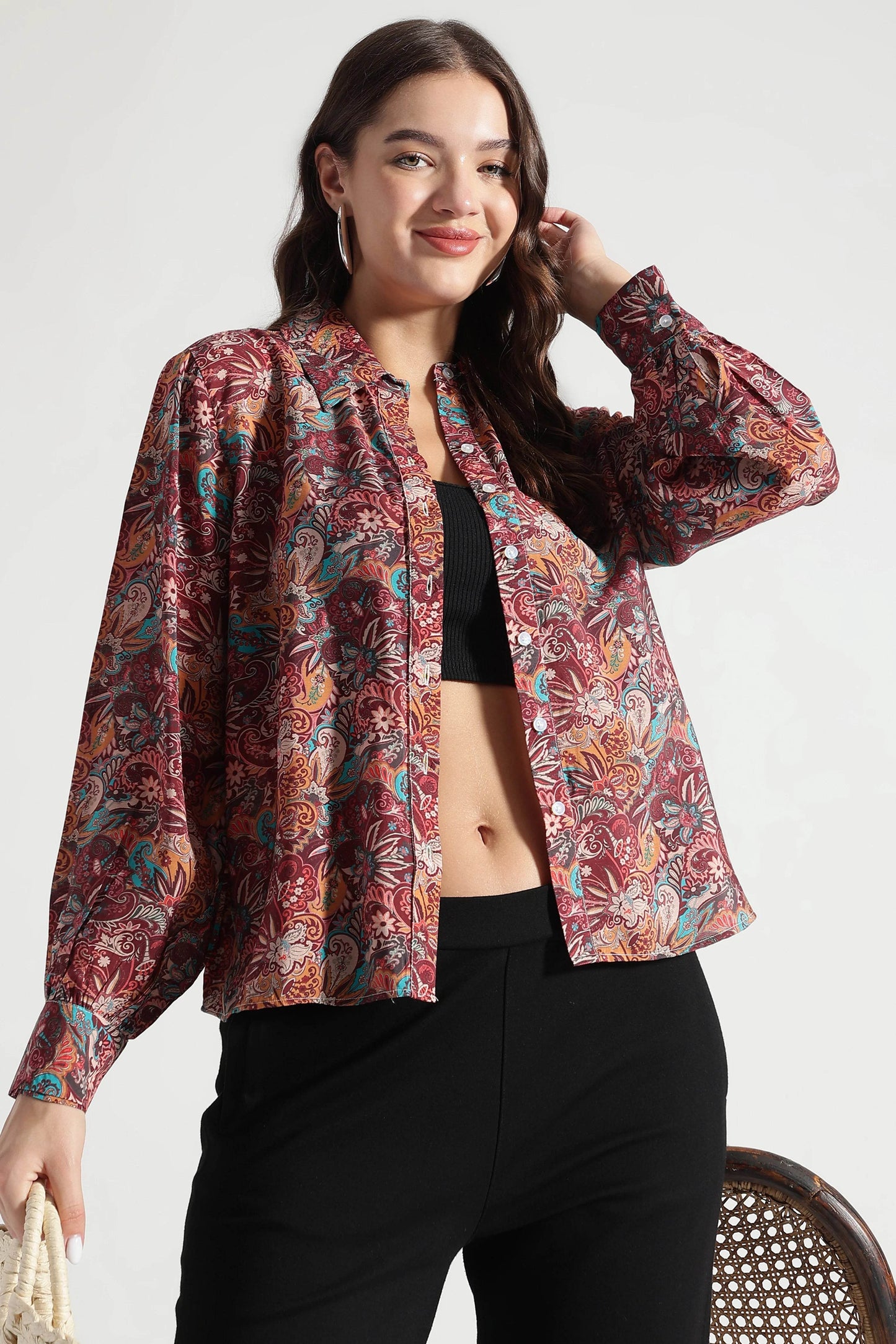 Vintage Maroon Paisley Printed Viscose Shirt - Fabravaa